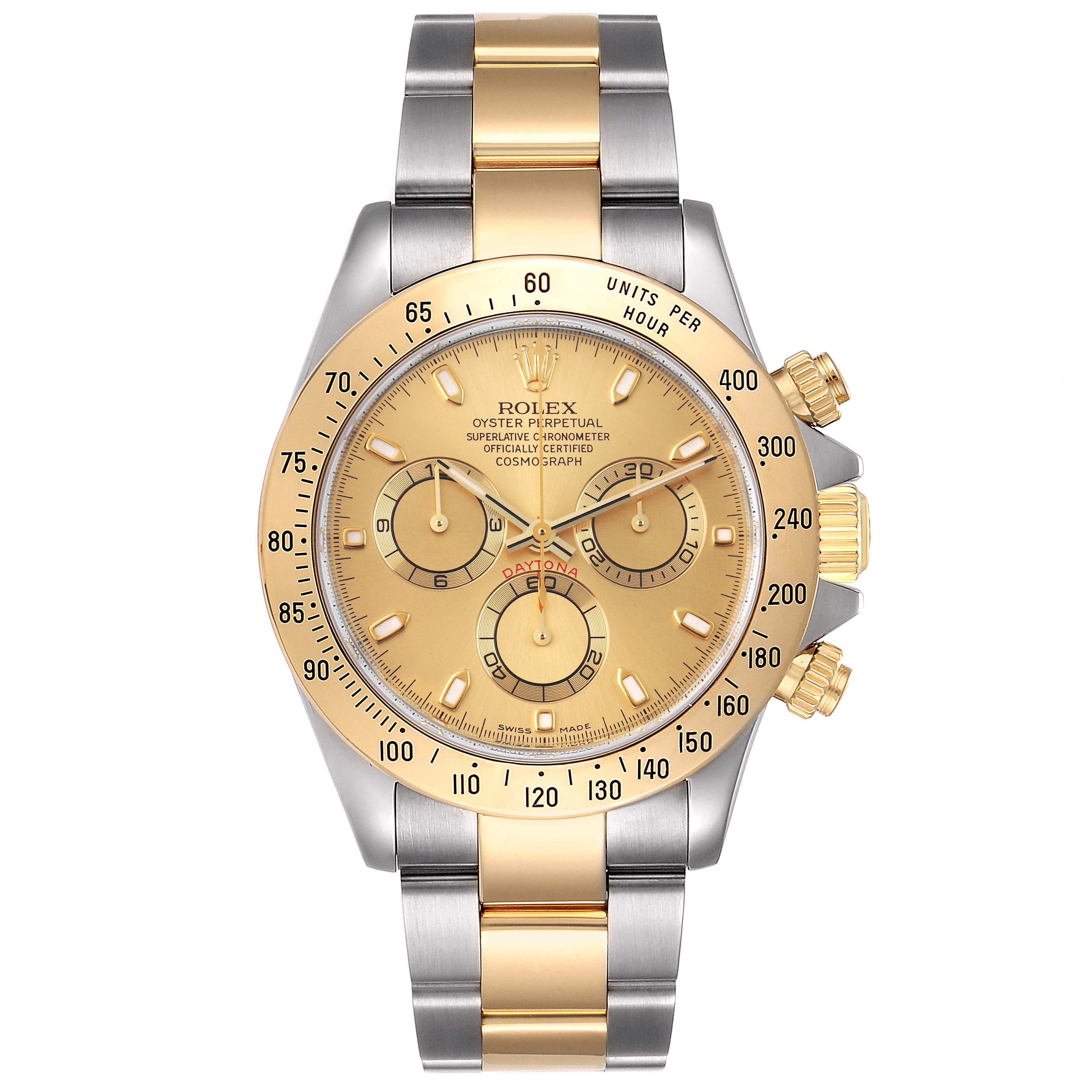 This image shows a Rolex Daytona 116523 Men's Steel and Gold (two tone) Champagne Dial 116523 Men's Steel and Gold (two tone) Champagne Dial watch from a top-down view, highlighting its gold and silver bracelet, gold bezel, and chronograph dials.