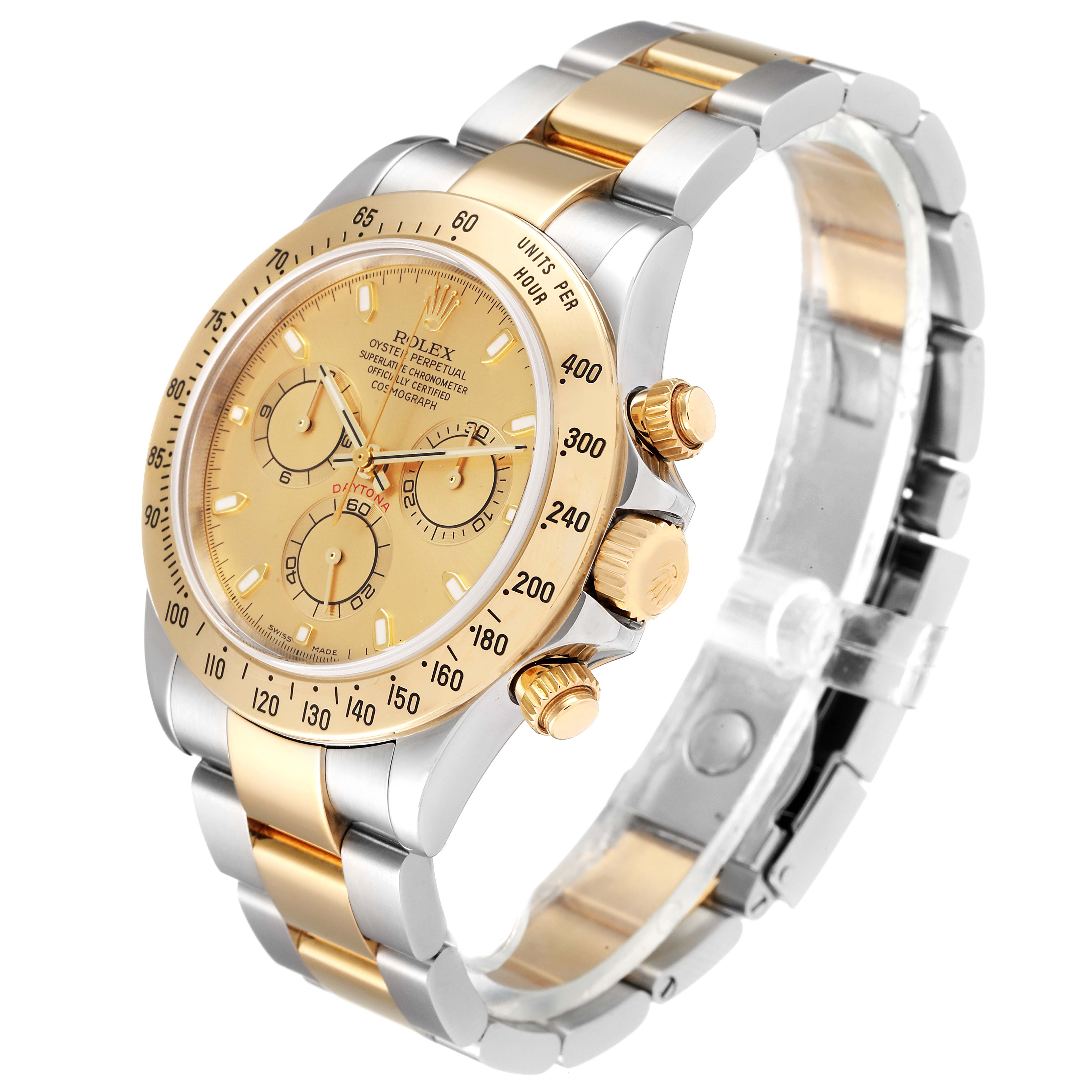This image shows a gold and stainless steel Rolex Daytona 116523 Men's Steel and Gold (two tone) Champagne Dial 116523 Men's Steel and Gold (two tone) Champagne Dial watch at a three-quarter angle, highlighting its bezel, dial, and bracelet.