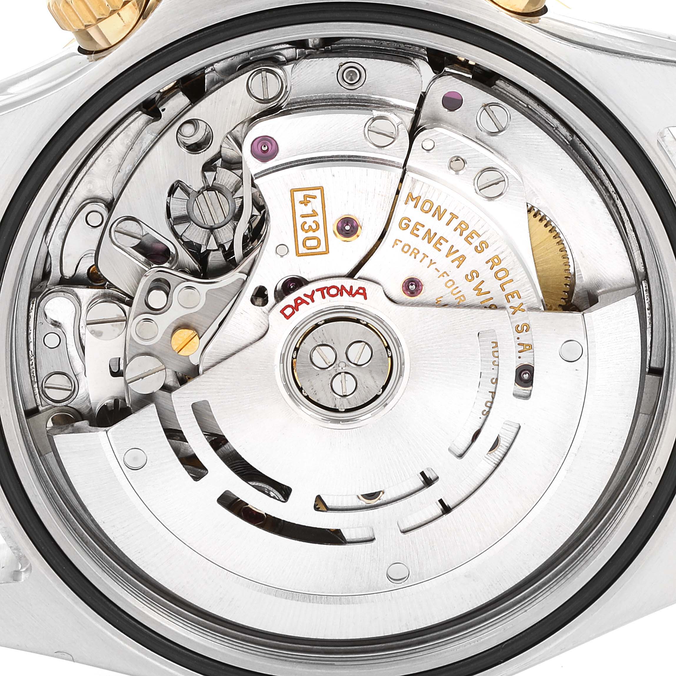 This image shows the internal mechanics and movement of the Rolex Daytona 116523 Men's Steel and Gold (two tone) Champagne Dial 116523 Men's Steel and Gold (two tone) Champagne Dial watch viewed from the back.