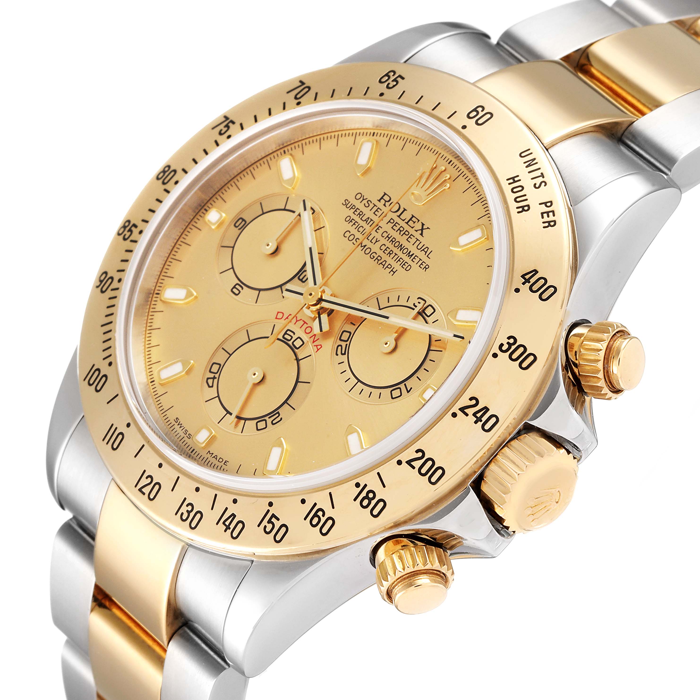 This image shows a close-up of the face, bezel, and crown of a Rolex Daytona 116523 Men's Steel and Gold (two tone) Champagne Dial 116523 Men's Steel and Gold (two tone) Champagne Dial watch at a slight angle.