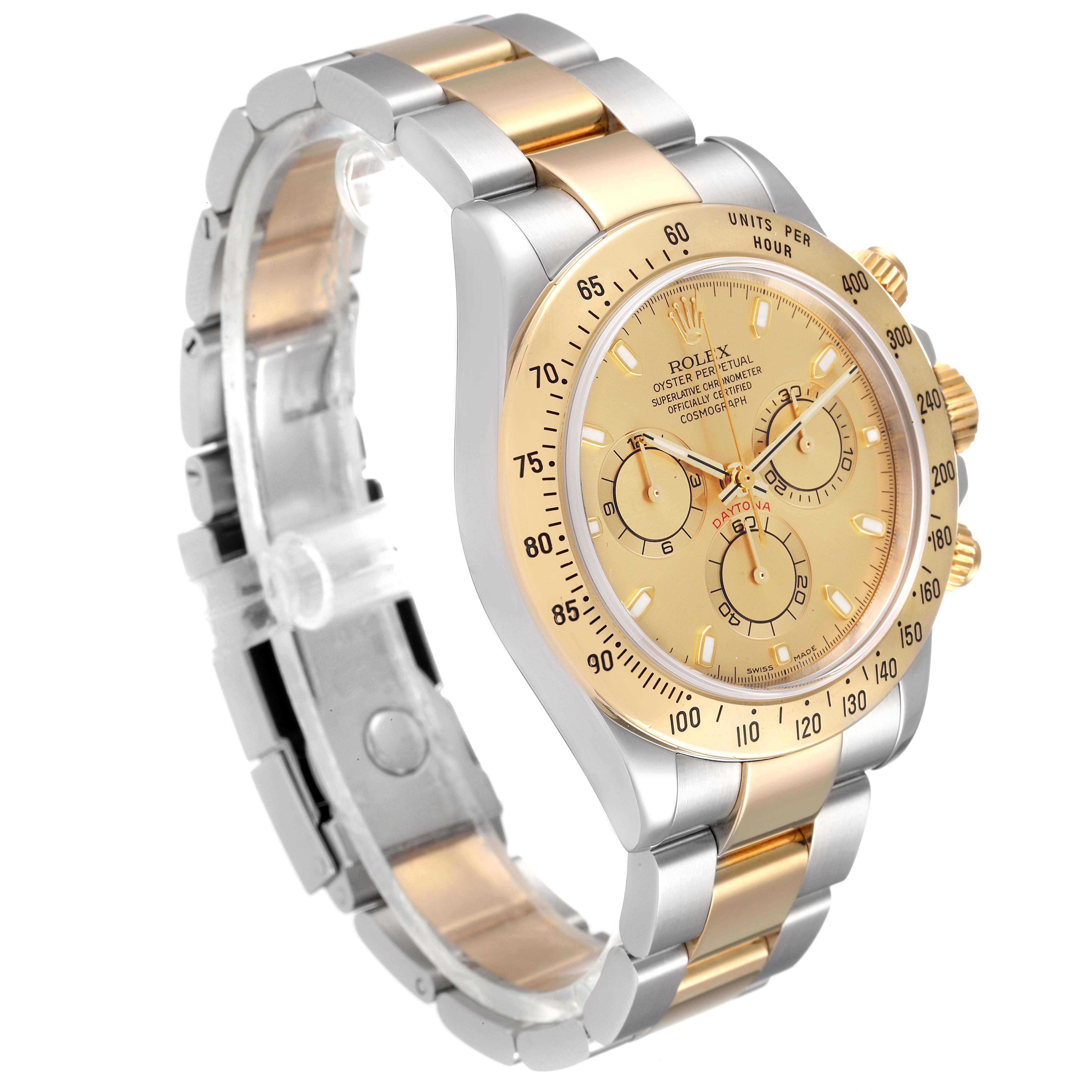 This image shows a Rolex Daytona 116523 Men's Steel and Gold (two tone) Champagne Dial 116523 Men's Steel and Gold (two tone) Champagne Dial watch at an angled side view, highlighting its gold and silver bracelet, dial, and bezel.