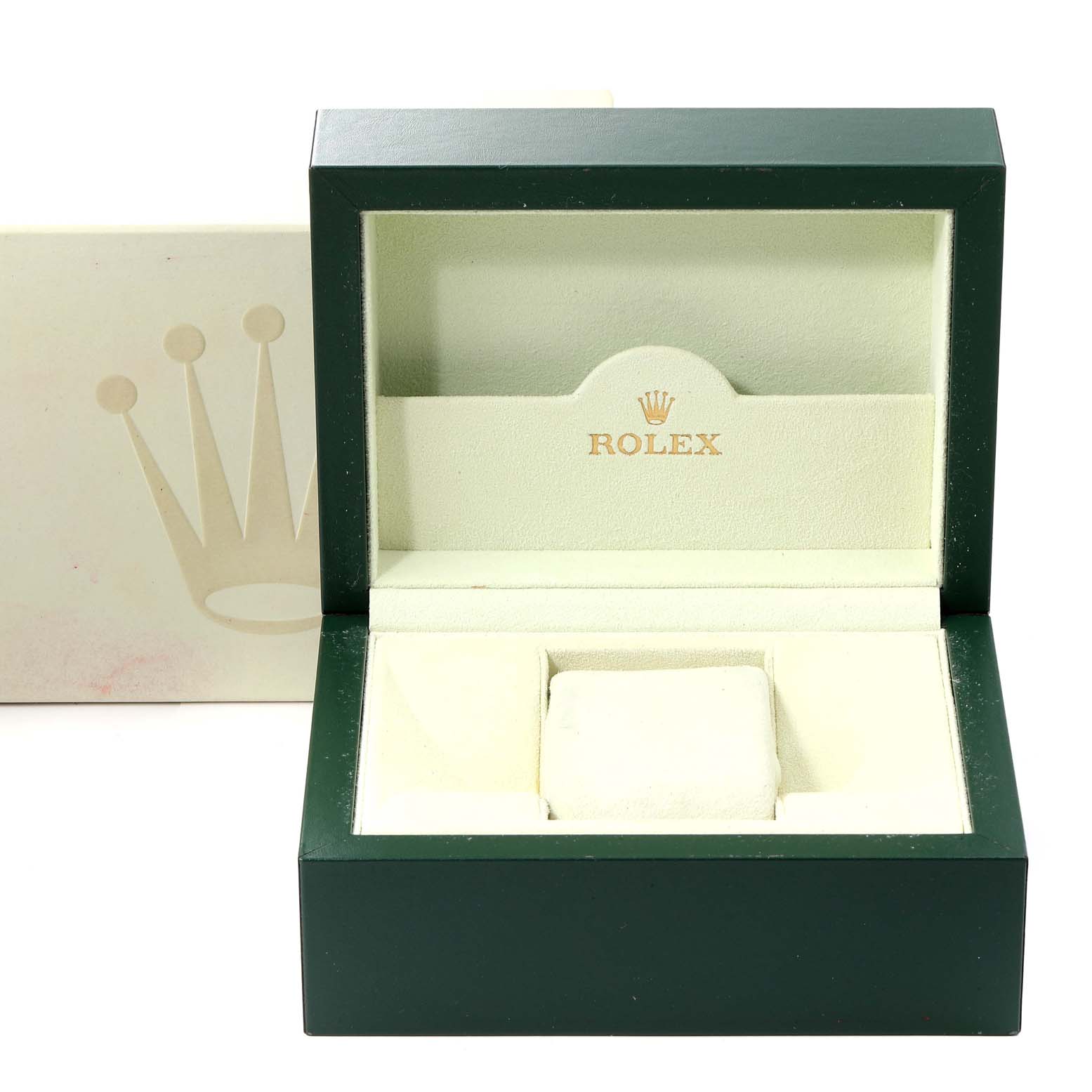 The image shows an open Rolex Daytona 116523 Men's Steel and Gold (two tone) Champagne Dial 116523 Men's Steel and Gold (two tone) Champagne Dial watch box from a front angle, displaying its green exterior and beige interior.