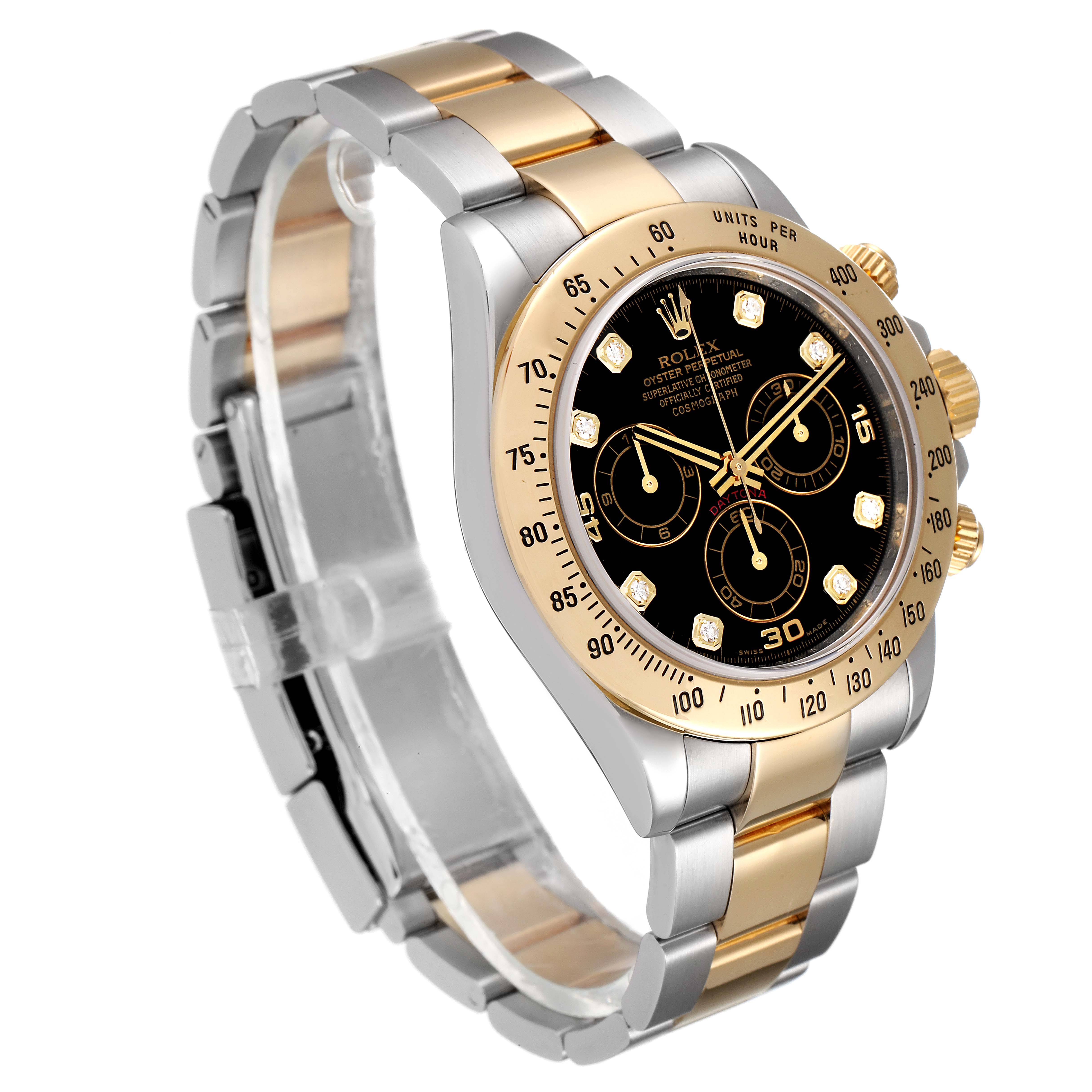 The image shows a Rolex Daytona 116523 Men
s Steel and Gold (two tone) Black Dial 116523 Men
s Steel and Gold (two tone) Black Dial watch at a three-quarter angle, highlighting its bezel, dial, and bracelet.