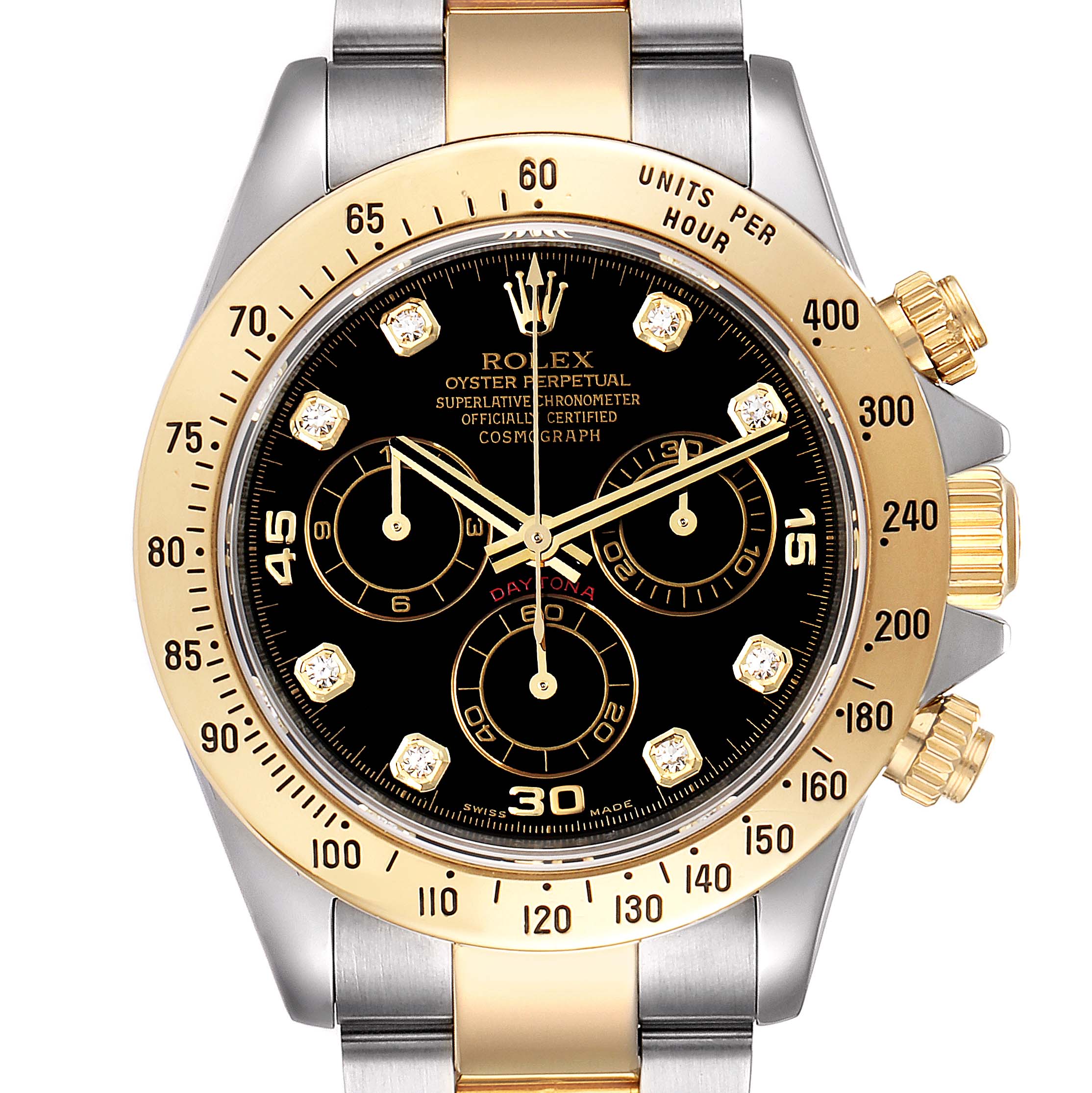 This image shows a front view of a Rolex Daytona 116523 Men
s Steel and Gold (two tone) Black Dial 116523 Men
s Steel and Gold (two tone) Black Dial watch featuring its black dial, three sub-dials, gold bezel, and crown.