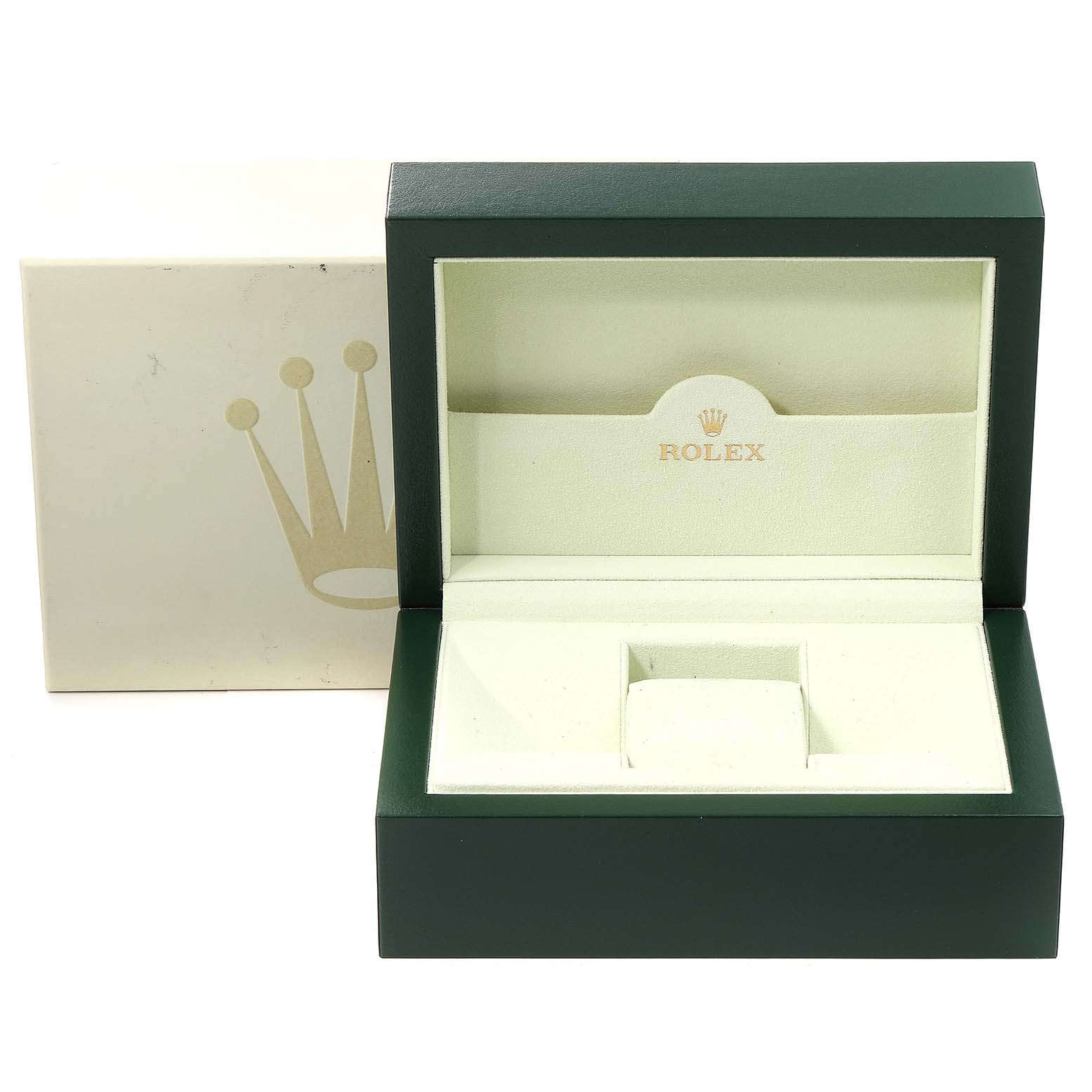 The image shows an open Rolex watch box for the Daytona model, with both the outer and inner boxes visible.