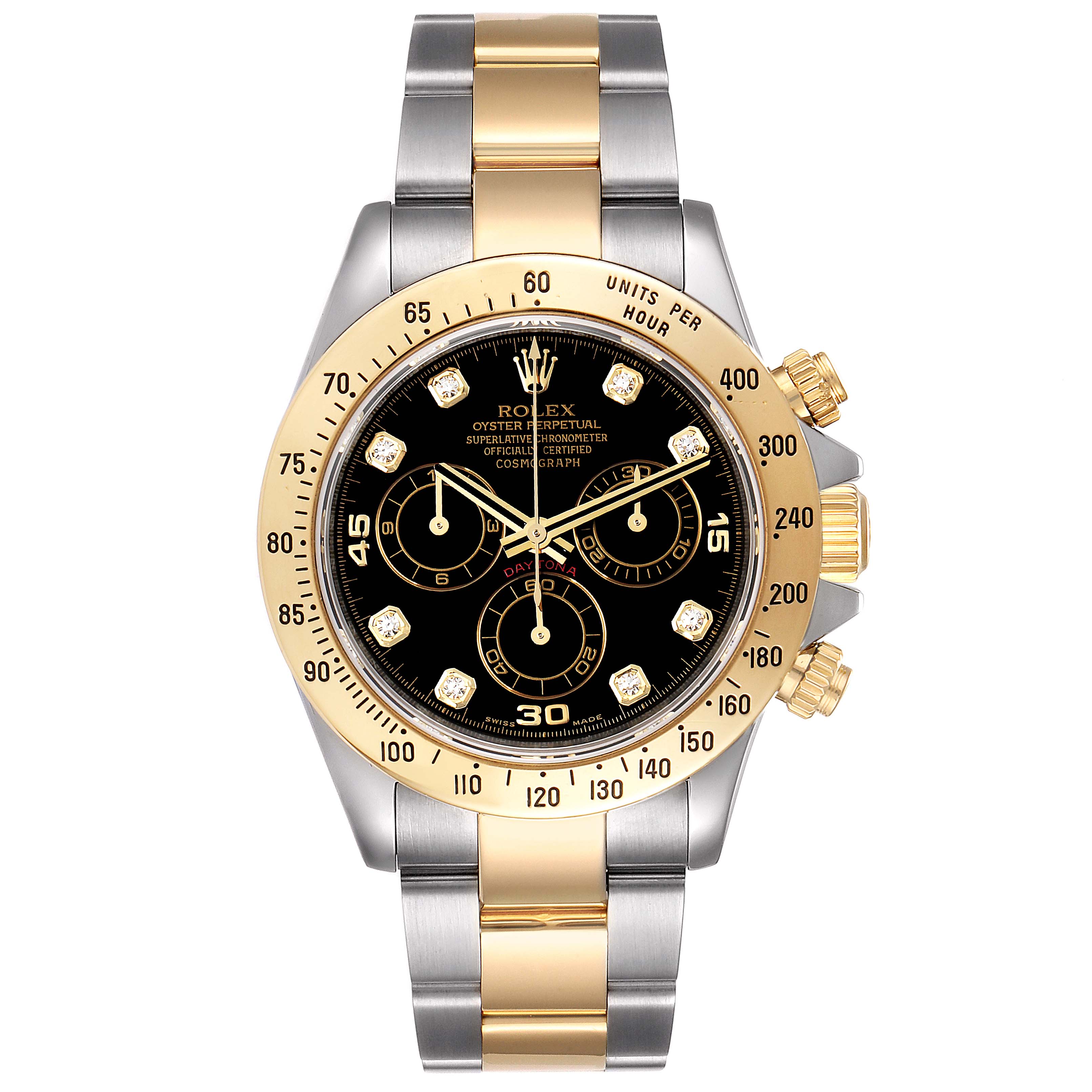 The image shows a front view of the Rolex Daytona 116523 Men
s Steel and Gold (two tone) Black Dial 116523 Men
s Steel and Gold (two tone) Black Dial watch, highlighting its dial, bezel, and two-tone metal bracelet.