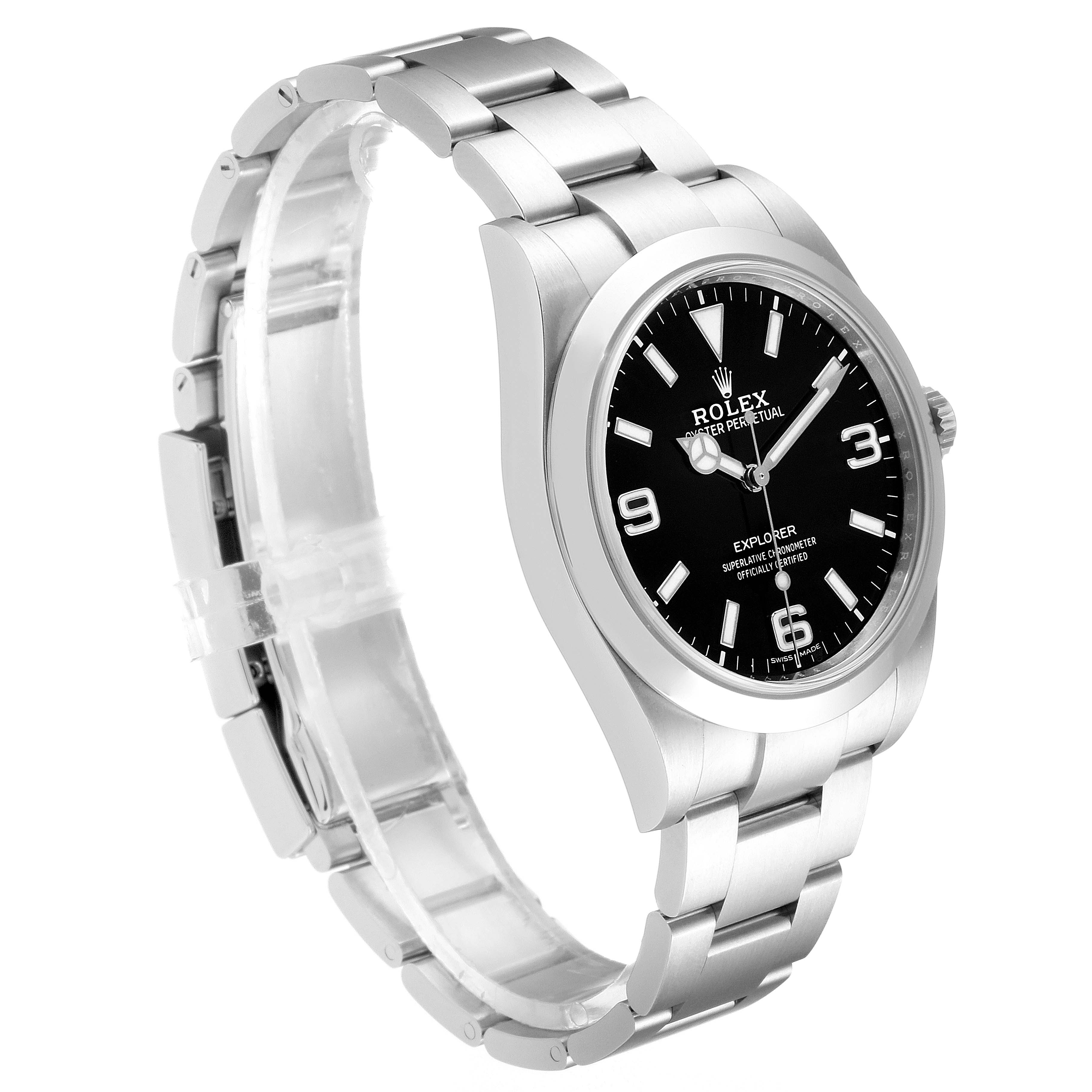 The Rolex Explorer 214270 Men
s Stainless Steel Black Dial 214270 Men
s Stainless Steel Black Dial watch is shown from a three-quarter angle, displaying the face, case, bracelet, and clasp.