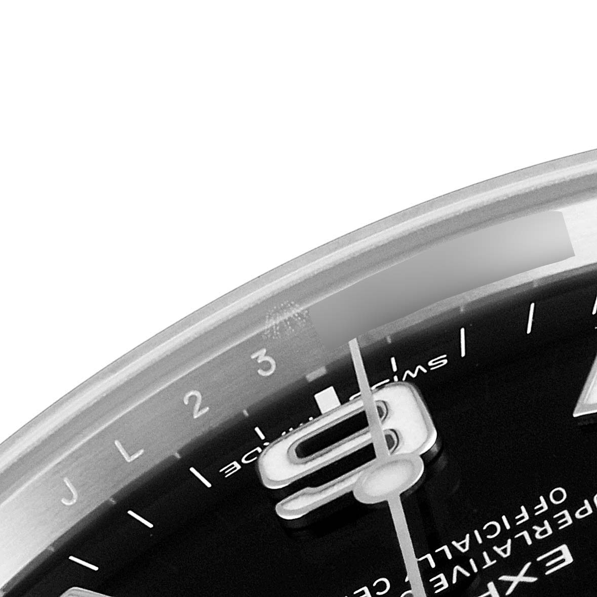 The image shows a close-up of the dial, bezel, and hour markers of the Rolex Explorer 214270 Men
s Stainless Steel Black Dial 214270 Men
s Stainless Steel Black Dial model watch.