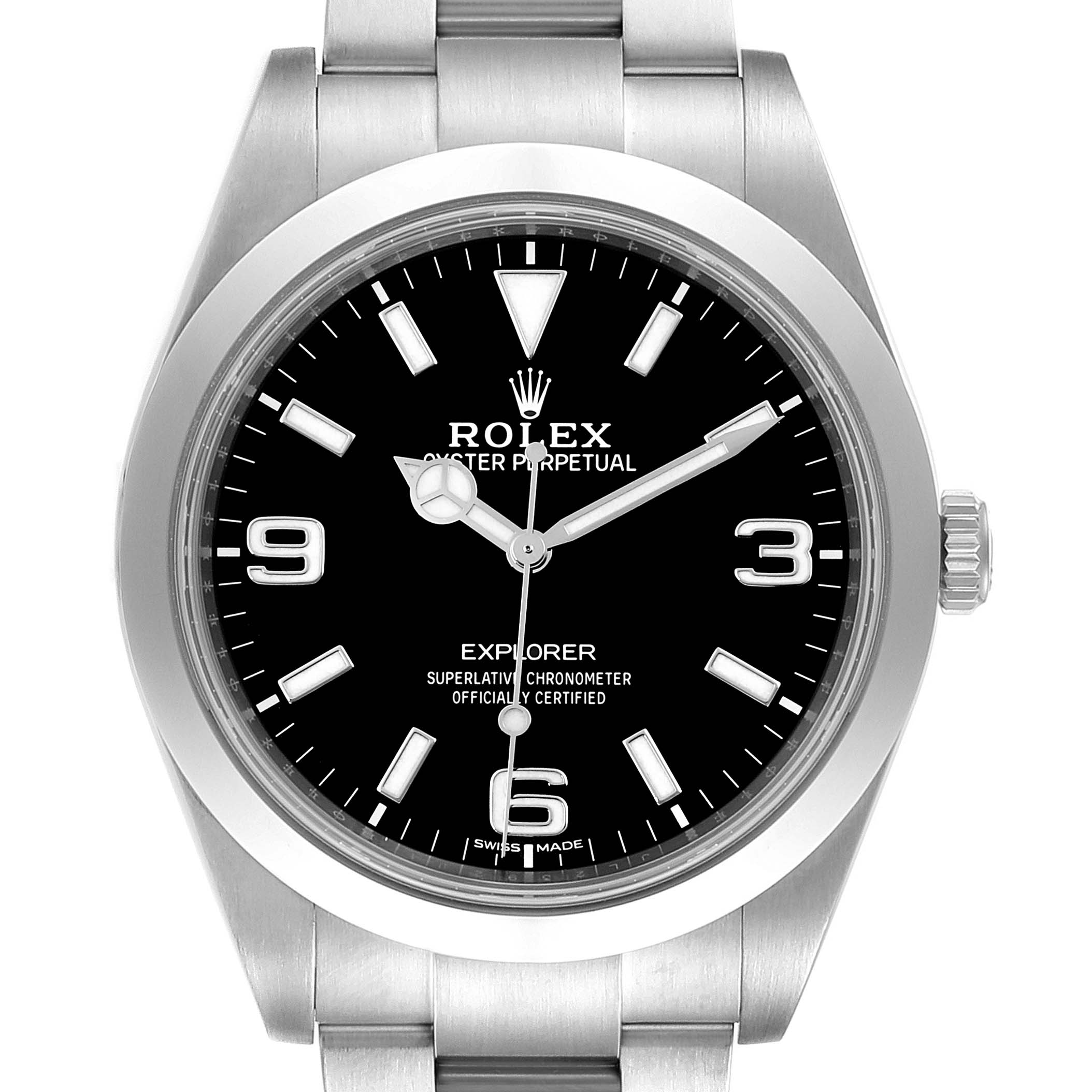 The image shows a front view of the Rolex Explorer 214270 Men
s Stainless Steel Black Dial 214270 Men
s Stainless Steel Black Dial watch, highlighting the face, bezel, and part of the bracelet.