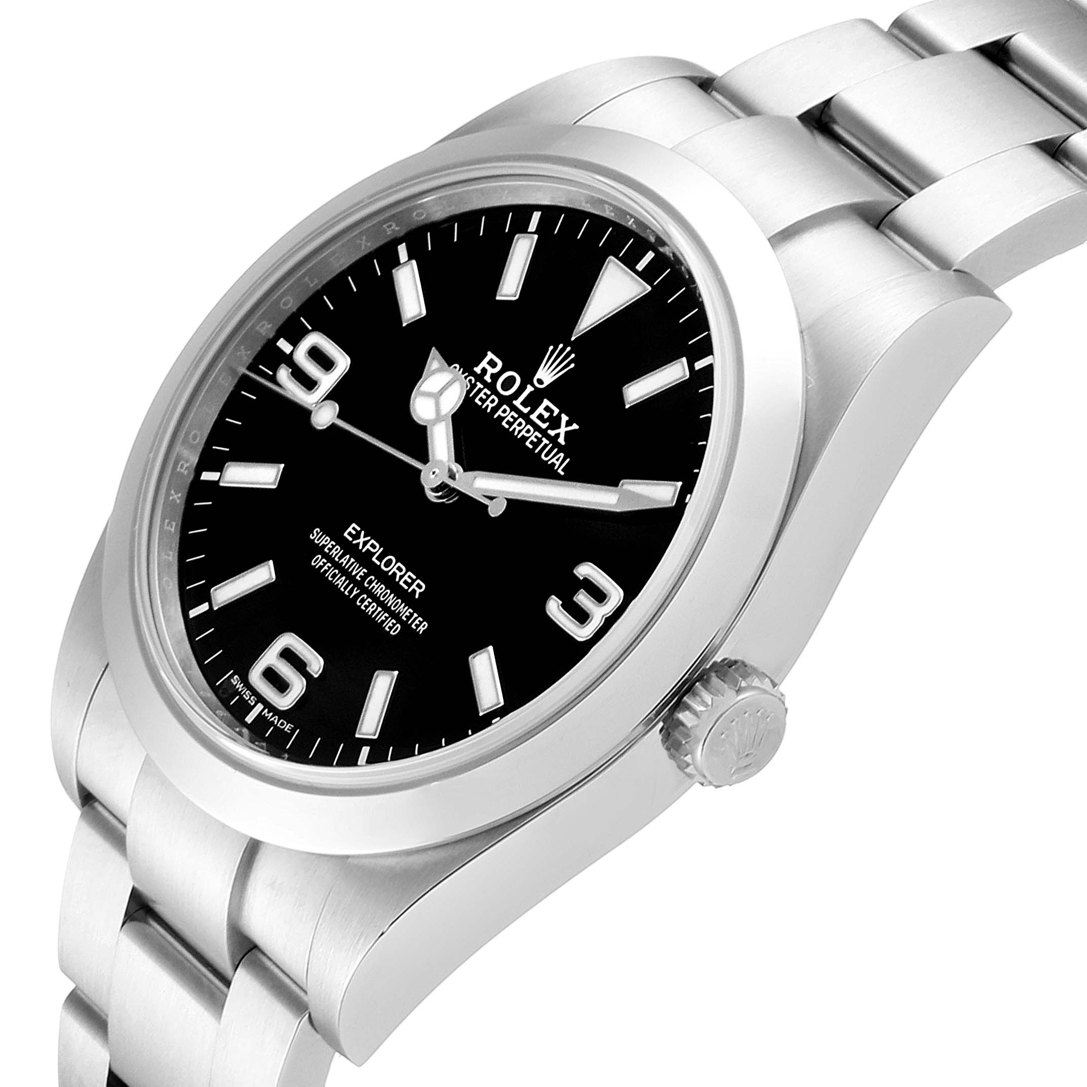 The Rolex Explorer 214270 Men
s Stainless Steel Black Dial 214270 Men
s Stainless Steel Black Dial watch is shown at a right-side angle, highlighting the dial, bezel, case, and bracelet.