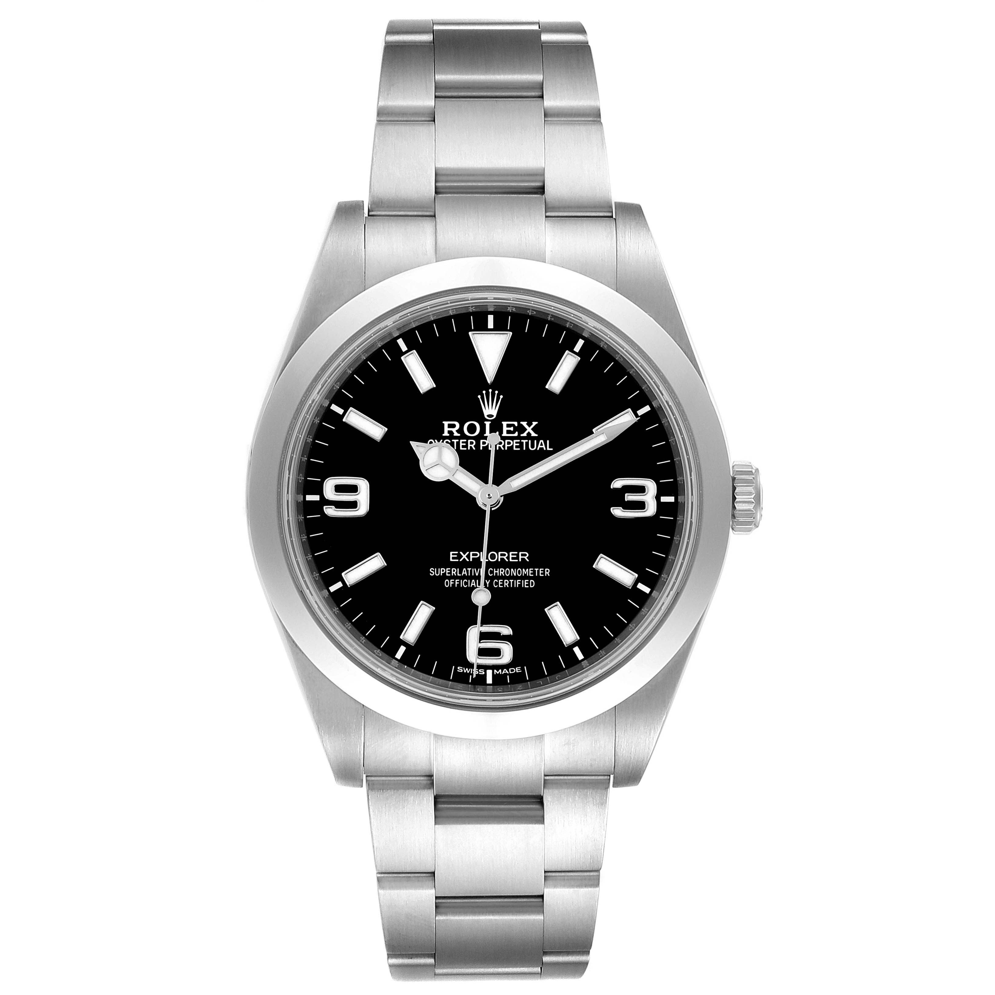 The image shows a front view of the Rolex Explorer 214270 Men
s Stainless Steel Black Dial 214270 Men
s Stainless Steel Black Dial, highlighting its black dial, silver hour markers, and stainless steel bracelet.