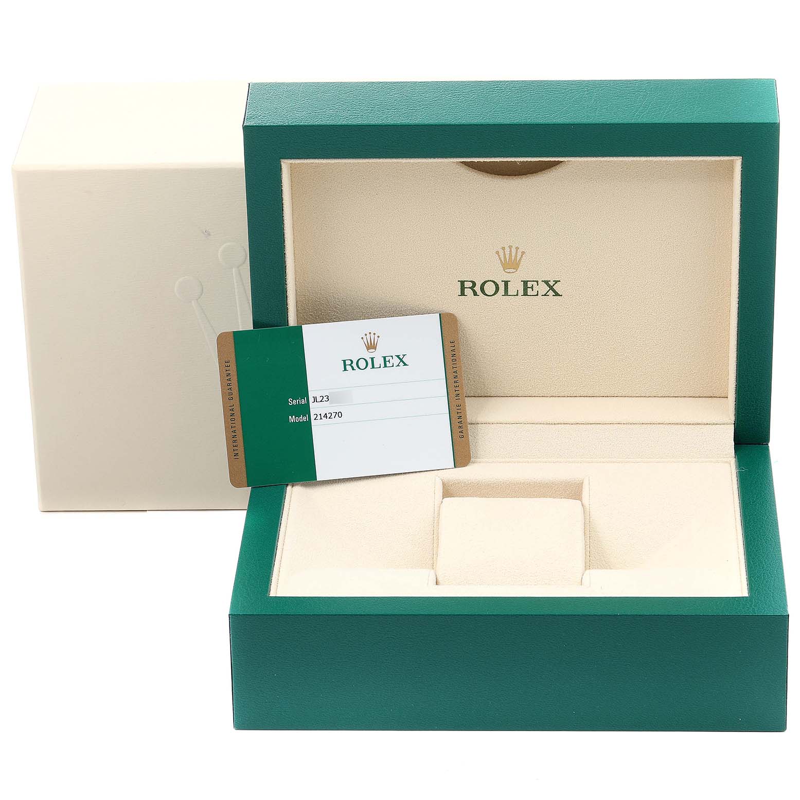 The image shows a Rolex Explorer 214270 Men
s Stainless Steel Black Dial 214270 Men
s Stainless Steel Black Dial watch box, an Best Quality
ity card with model and serial number, and an outer box in the background.
