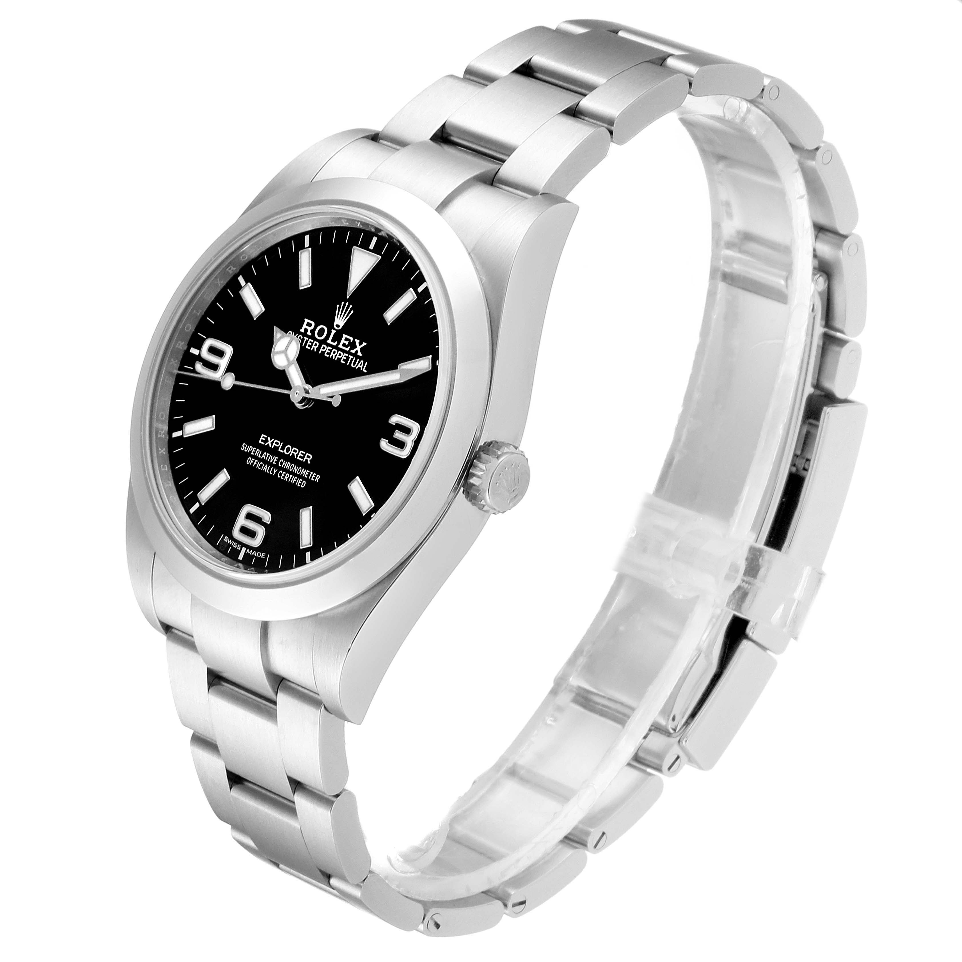 The Rolex Explorer 214270 Men
s Stainless Steel Black Dial 214270 Men
s Stainless Steel Black Dial watch is depicted at an angle showcasing the face, bezel, crown, and stainless steel bracelet.