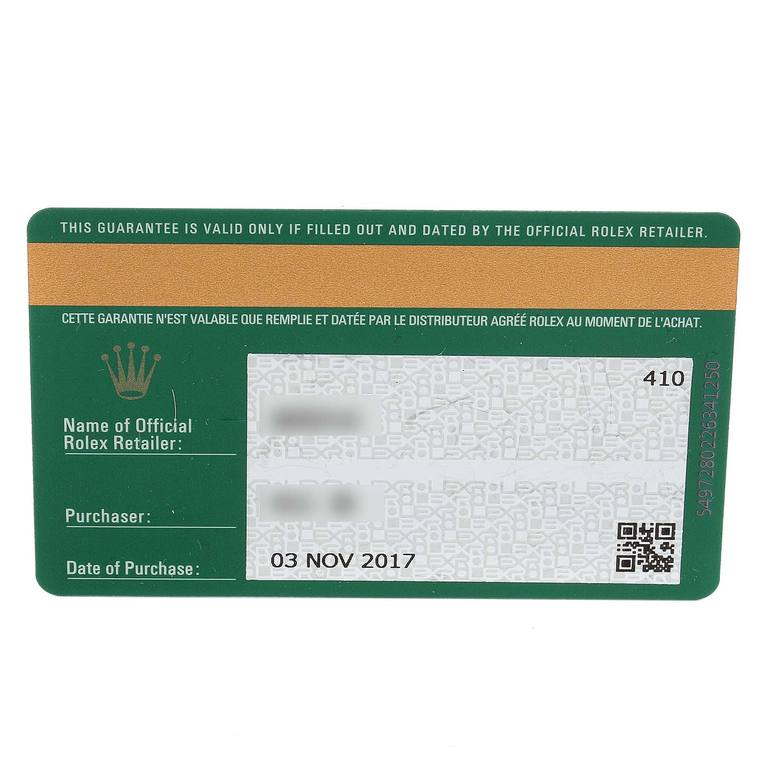 The image shows the warranty card for a Rolex Explorer 214270 Men
s Stainless Steel Black Dial 214270 Men
s Stainless Steel Black Dial watch, featuring purchase details and a validation QR code.