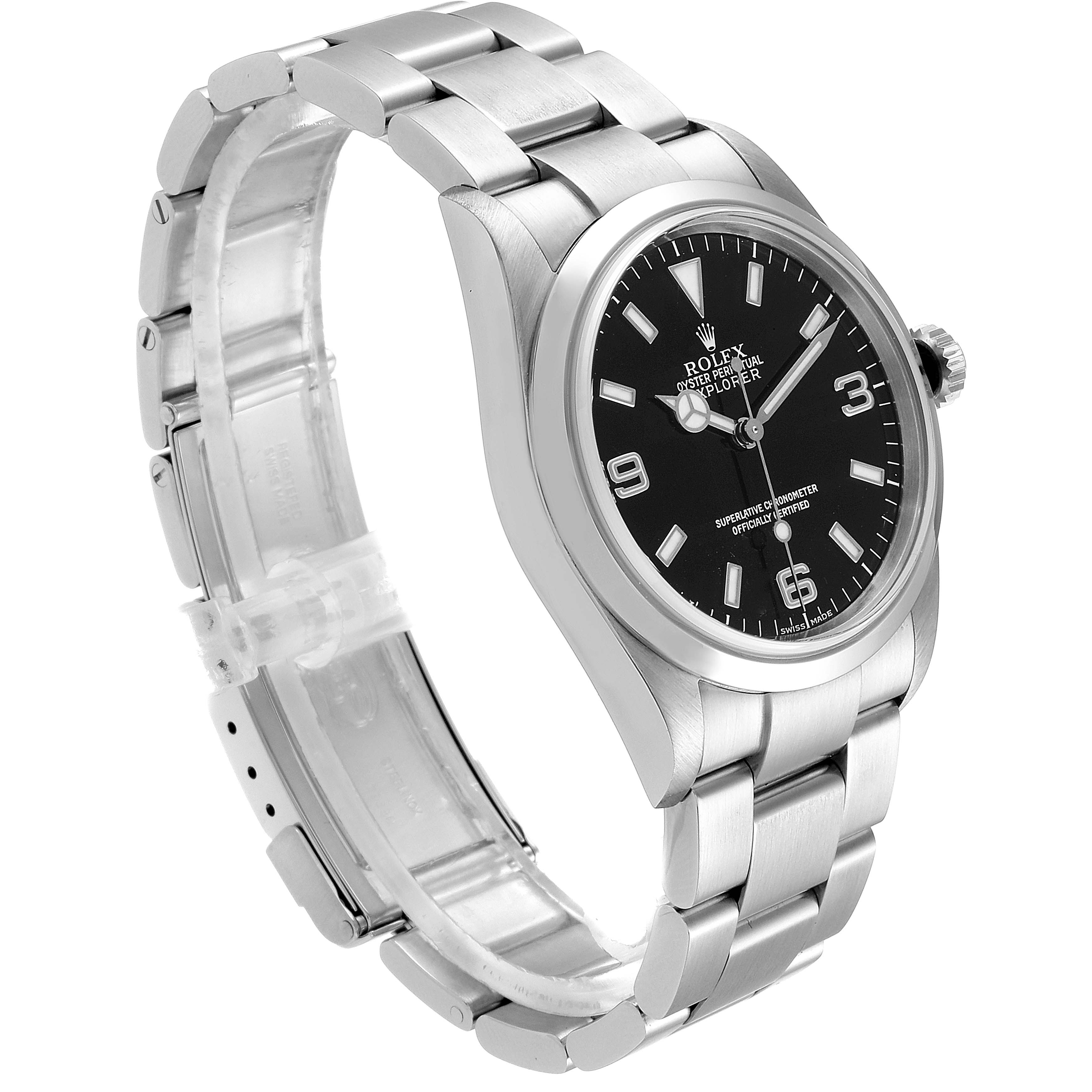 The Rolex Explorer 114270 Men
s Stainless Steel Black Dial 114270 Men
s Stainless Steel Black Dial watch is shown at a side angle highlighting the bracelet, dial, and crown.