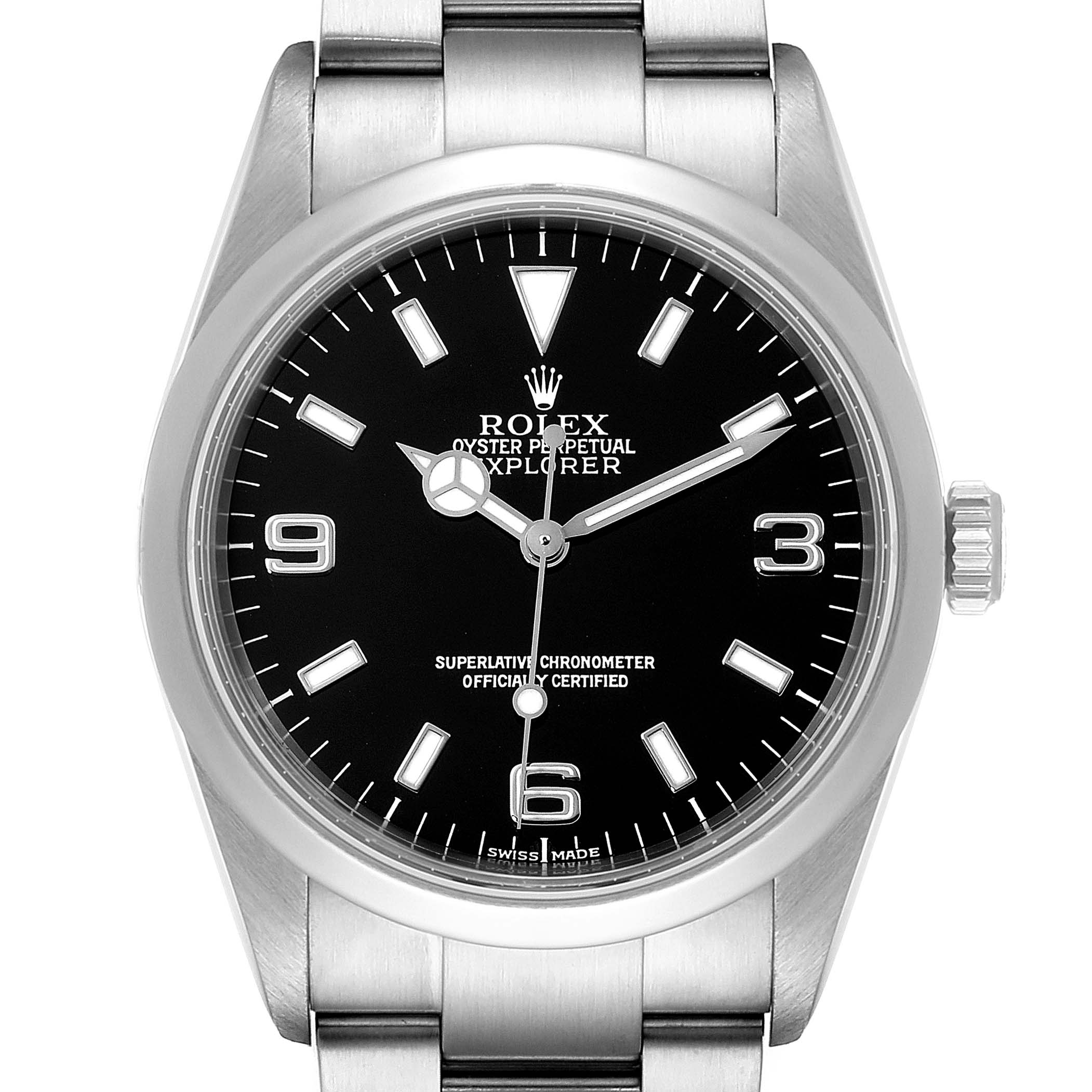 The image shows a front view of the Rolex Explorer 114270 Men
s Stainless Steel Black Dial 114270 Men
s Stainless Steel Black Dial watch, highlighting the black dial, stainless steel case, and bracelet.