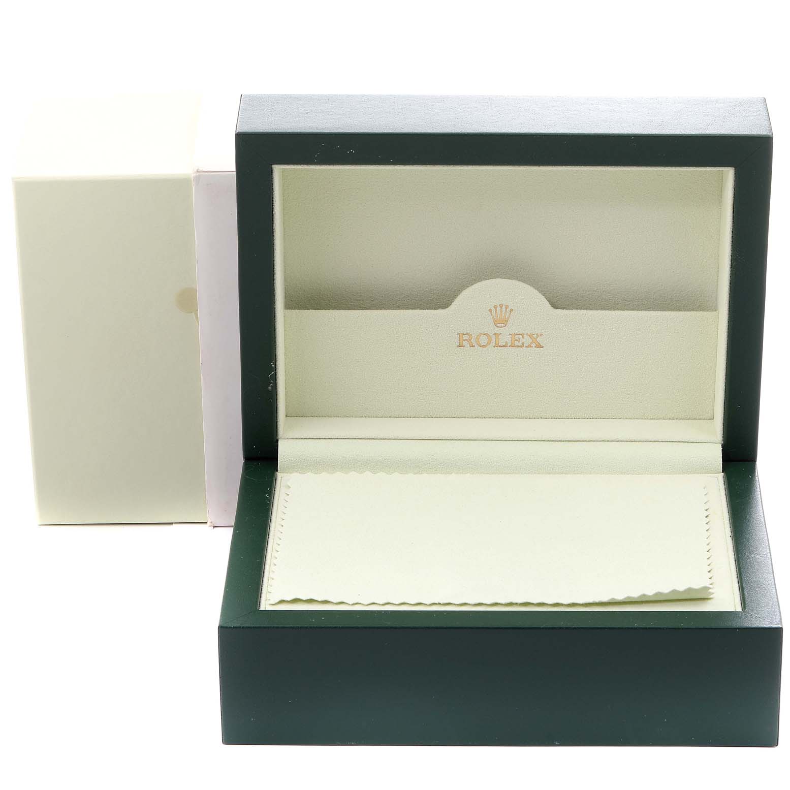 The image shows an empty green Rolex Explorer 114270 Men
s Stainless Steel Black Dial 114270 Men
s Stainless Steel Black Dial watch box with an open lid and a cleaning cloth inside.