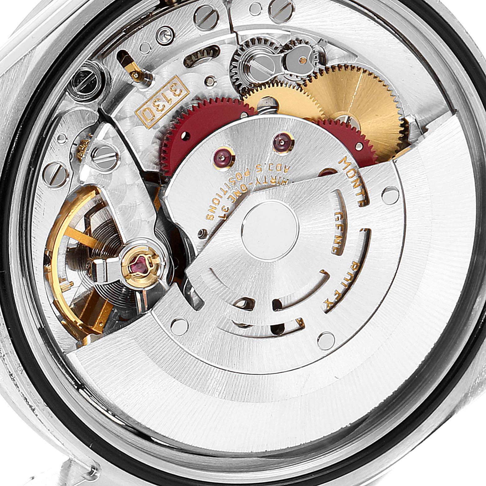 The image shows a close-up of the movement and inner mechanisms of the Rolex Explorer 114270 Men
s Stainless Steel Black Dial 114270 Men
s Stainless Steel Black Dial watch.