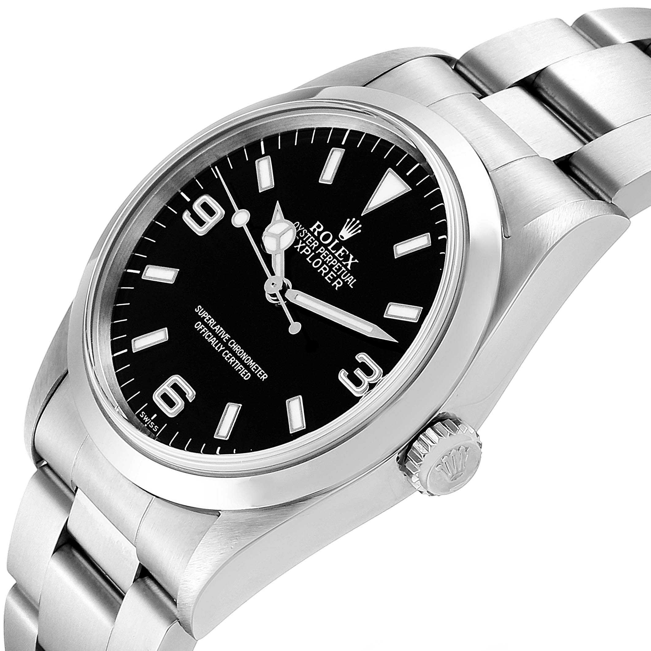 The image shows a dial-focused, angled view of a Rolex Explorer 14270 Men
s Stainless Steel Black Dial 14270 Men
s Stainless Steel Black Dial watch, capturing the face, bezel, crown, and part of the bracelet.