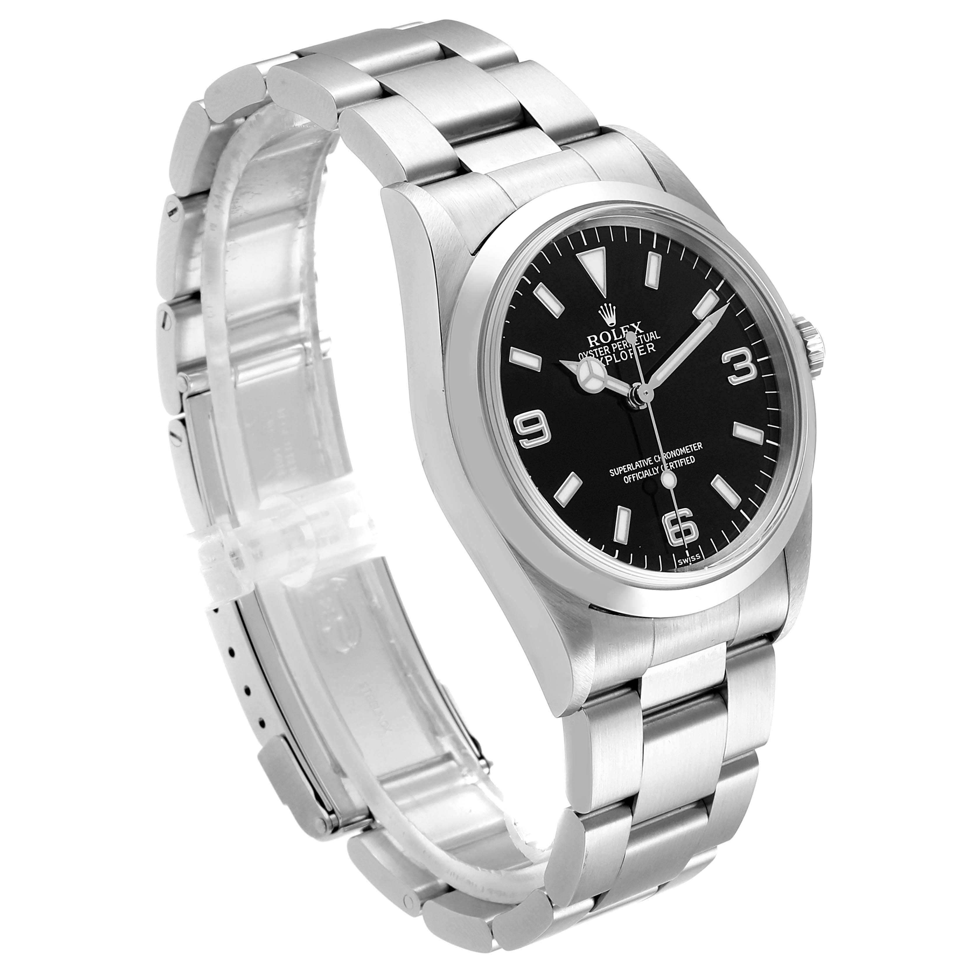 The Rolex Explorer 14270 Men
s Stainless Steel Black Dial 14270 Men
s Stainless Steel Black Dial watch is shown at a three-quarter angle, highlighting its black dial, bezel, and stainless steel bracelet.