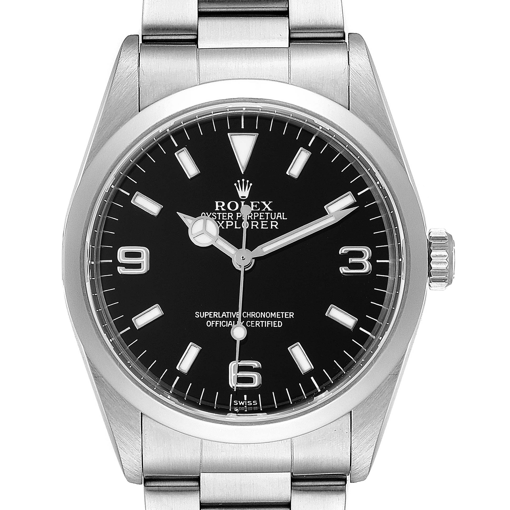 This image displays a front view of the dial and bezel of a Rolex Explorer 14270 Men
s Stainless Steel Black Dial 14270 Men
s Stainless Steel Black Dial watch, along with part of its metallic bracelet.