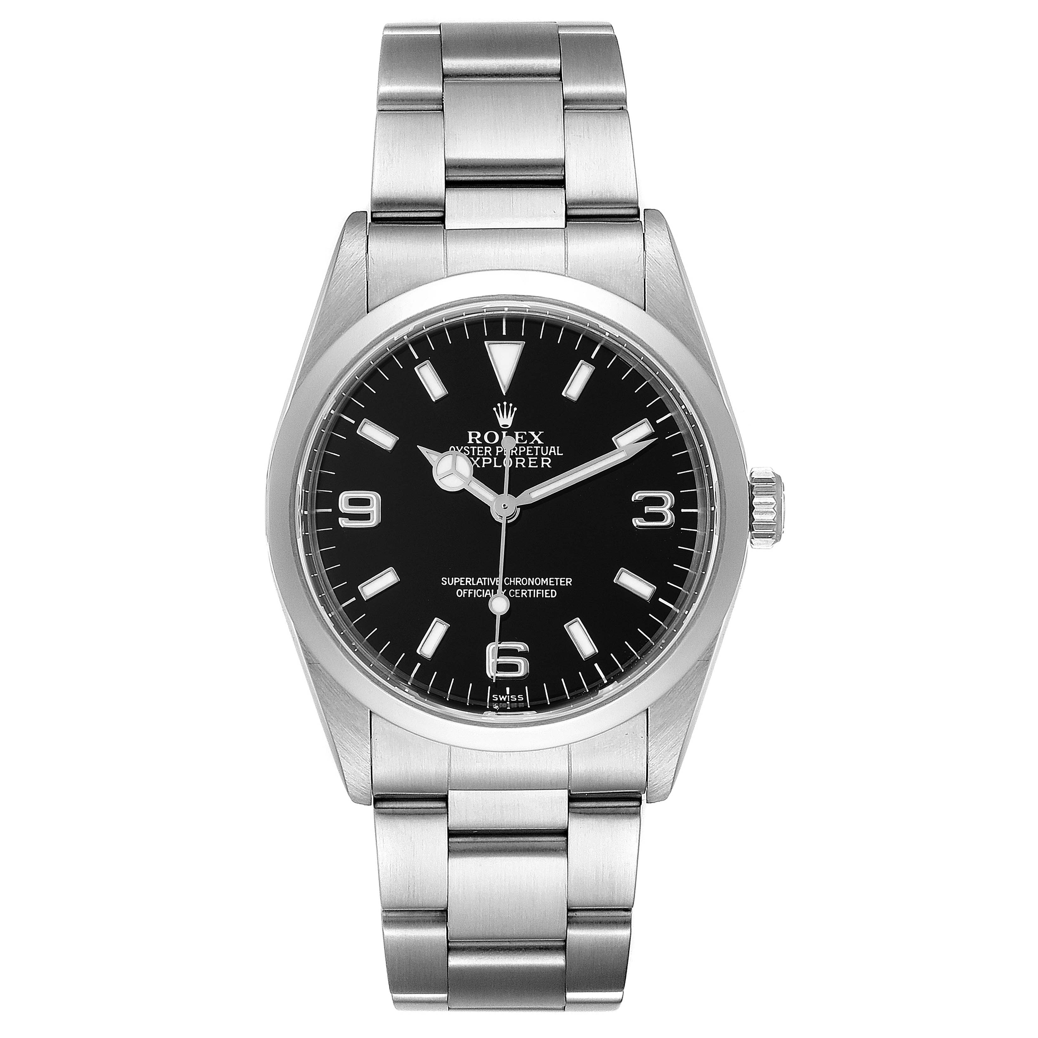 The image shows a front view of the Rolex Explorer 14270 Men
s Stainless Steel Black Dial 14270 Men
s Stainless Steel Black Dial watch, displaying its black dial, silver hands, and bracelet.