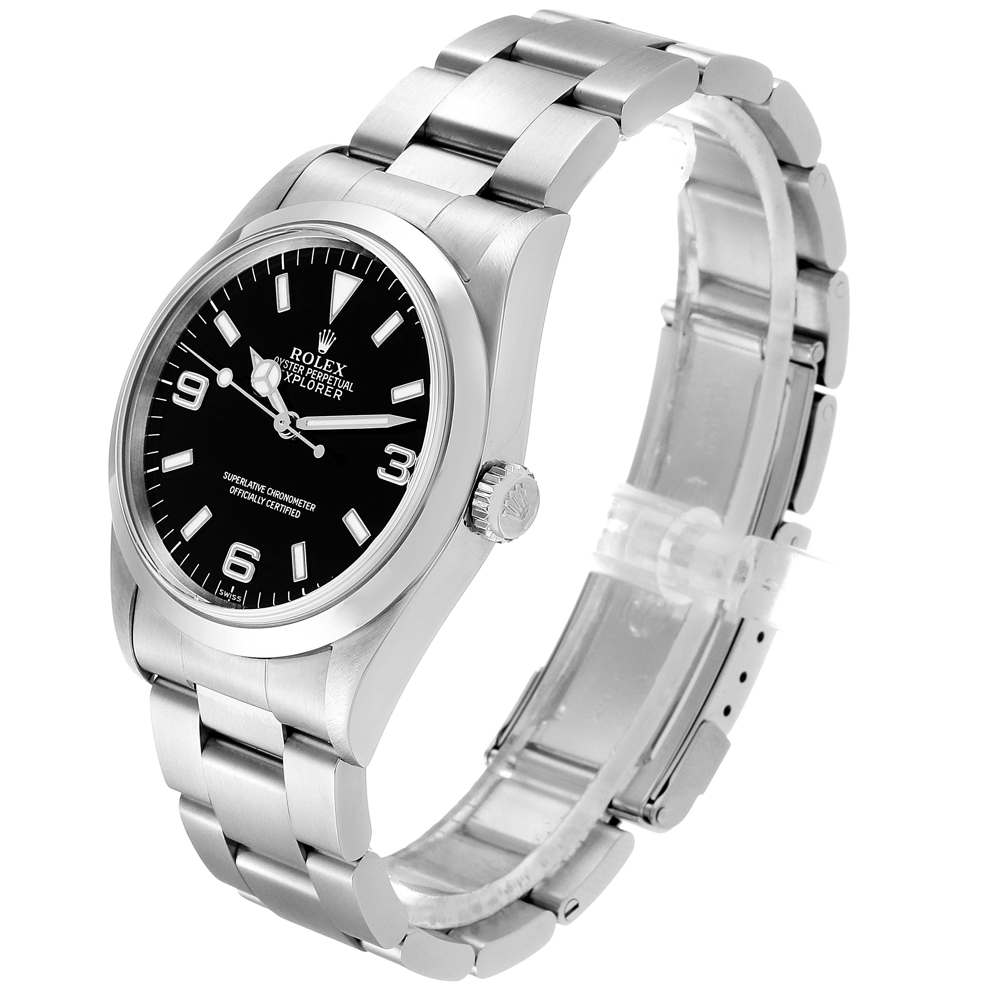 This image shows a side angle of a Rolex Explorer 14270 Men
s Stainless Steel Black Dial 14270 Men
s Stainless Steel Black Dial watch, highlighting its face, bezel, crown, and bracelet.