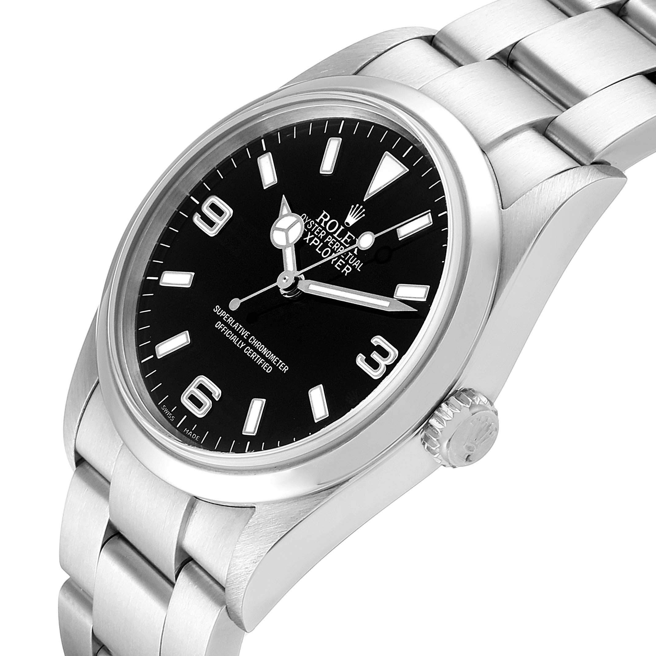 This image shows a Rolex Explorer 114270 Men's Stainless Steel Black Dial 114270 Men's Stainless Steel Black Dial watch from a side angle, highlighting the dial, bracelet, and crown.