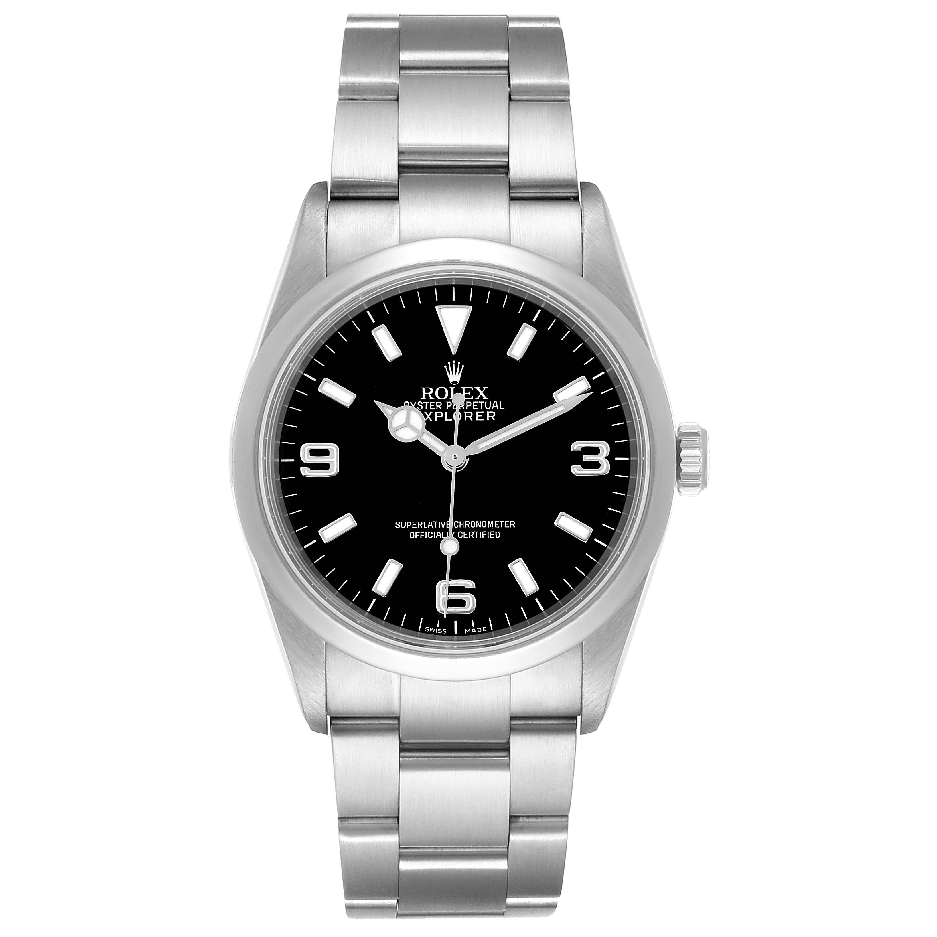 The image shows a front view of the Rolex Explorer 114270 Men's Stainless Steel Black Dial 114270 Men's Stainless Steel Black Dial model, displaying its bracelet, black dial, and bezel.
