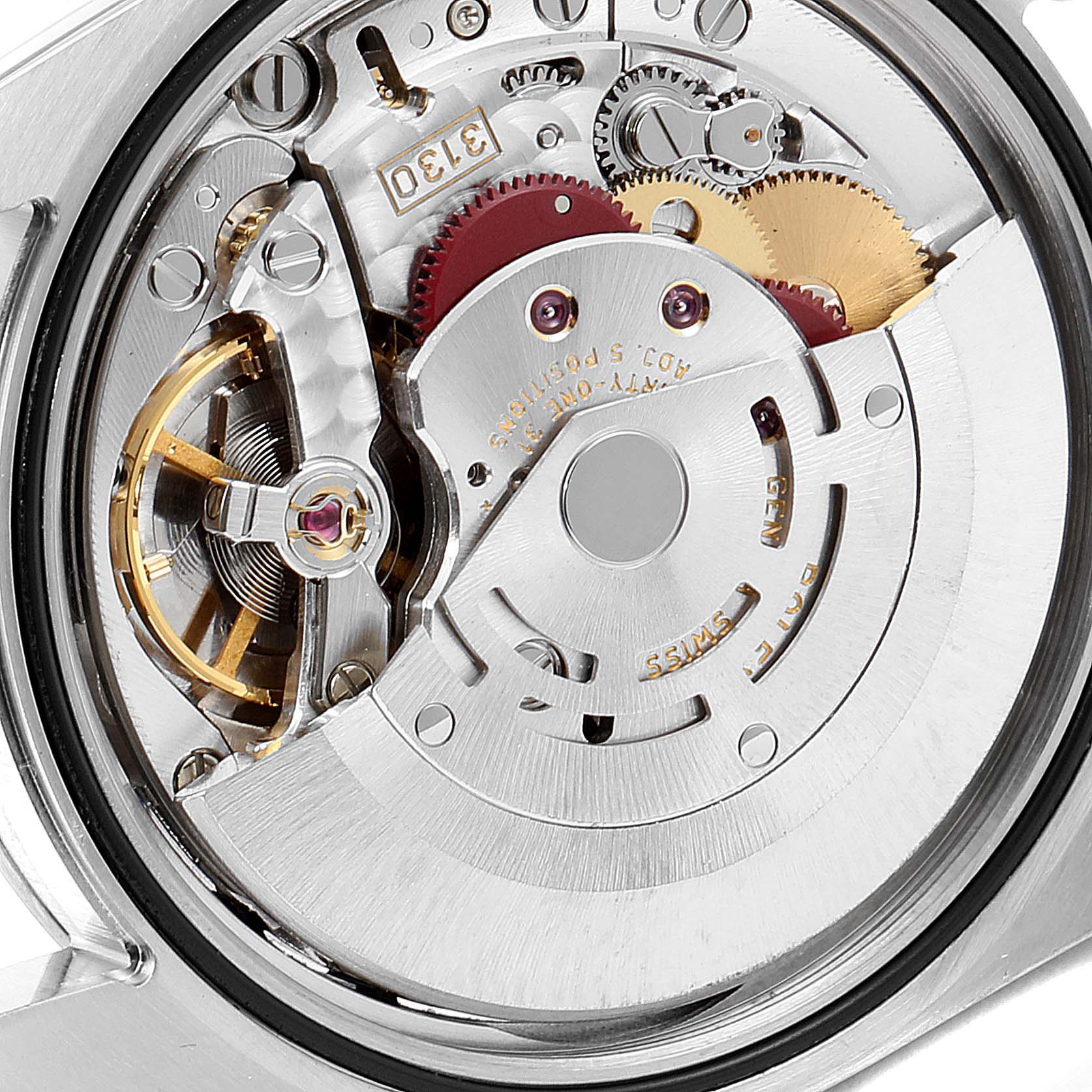 The image shows a close-up of the internal mechanism of a Rolex Explorer 114270 Men's Stainless Steel Black Dial 114270 Men's Stainless Steel Black Dial watch, highlighting gears and the movement components.