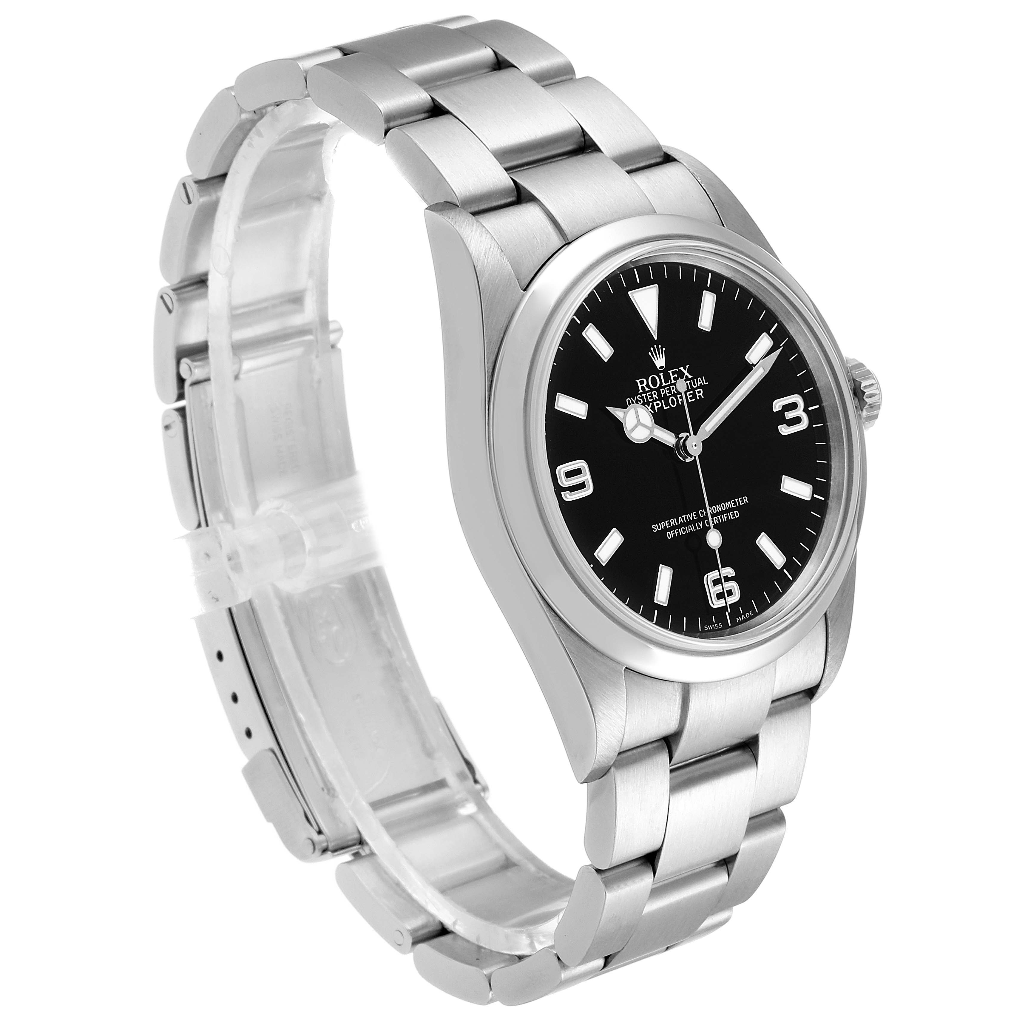 This Rolex Explorer 114270 Men's Stainless Steel Black Dial 114270 Men's Stainless Steel Black Dial watch is viewed from a front angle, showcasing its stainless steel bracelet and black dial.