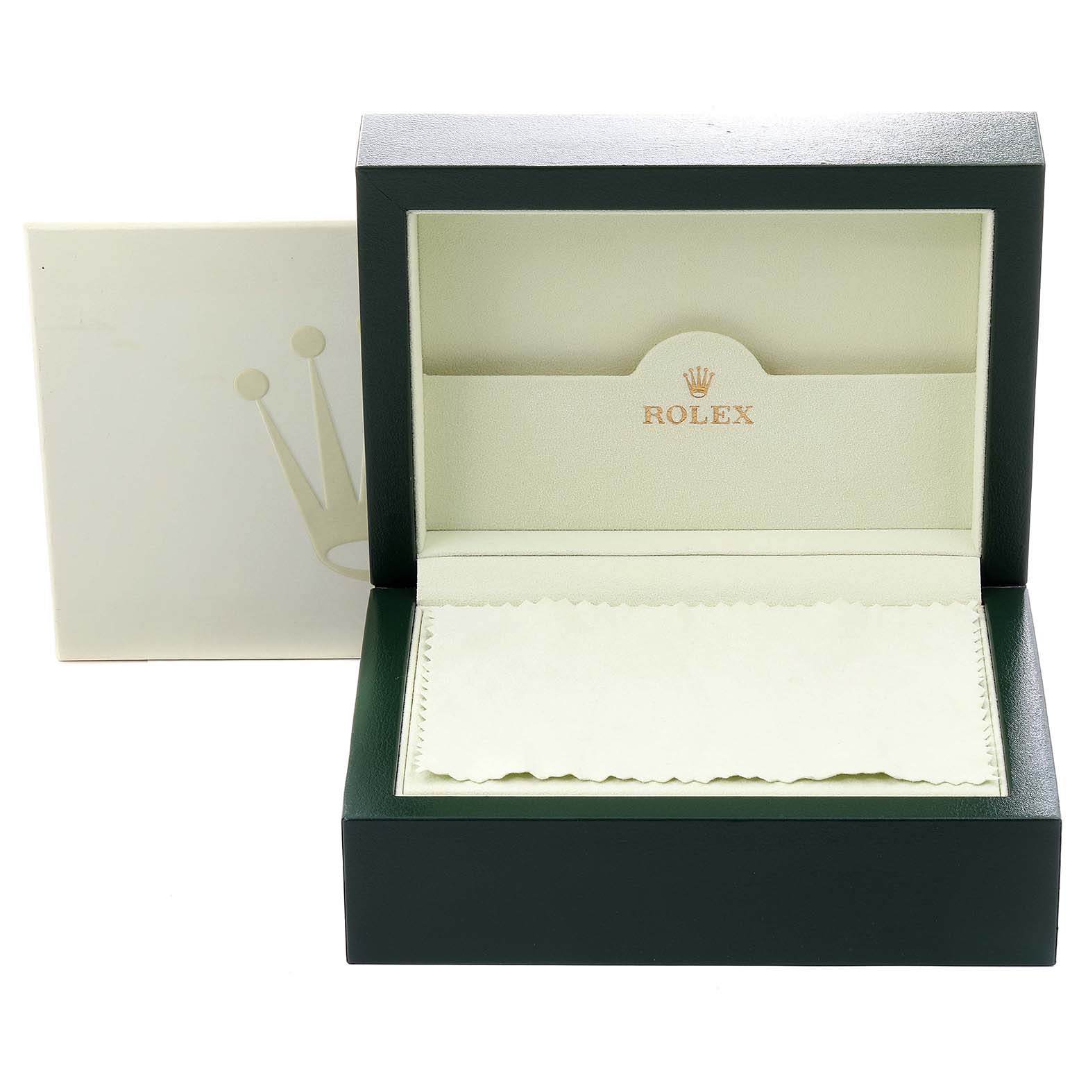 The image shows an open Rolex Explorer 114270 Men's Stainless Steel Black Dial 114270 Men's Stainless Steel Black Dial watch box with the interior lining, logo, and an outer box in the background.