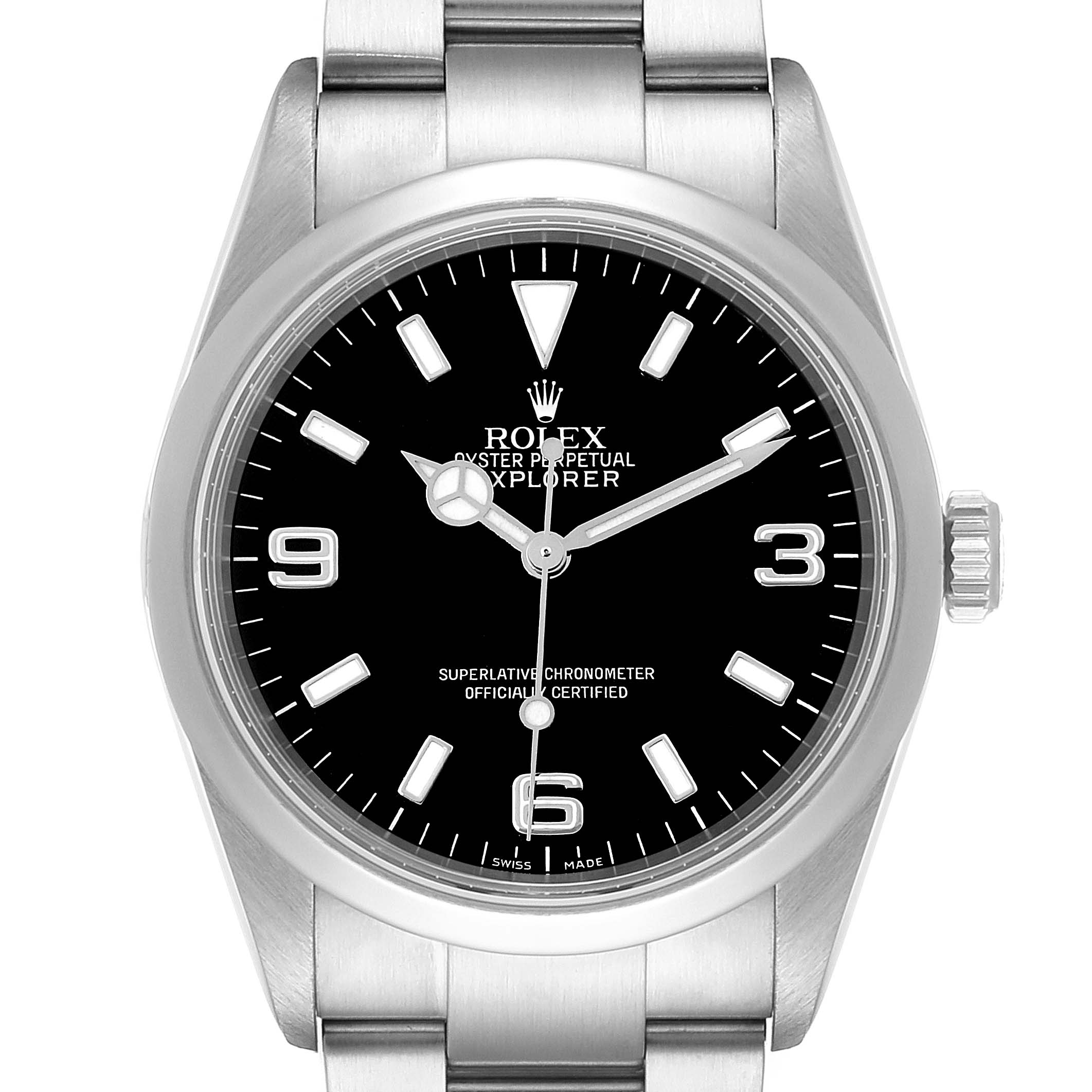 The image shows a frontal view of a Rolex Explorer 114270 Men's Stainless Steel Black Dial 114270 Men's Stainless Steel Black Dial watch, displaying the dial, hands, bezel, crown, and bracelet.