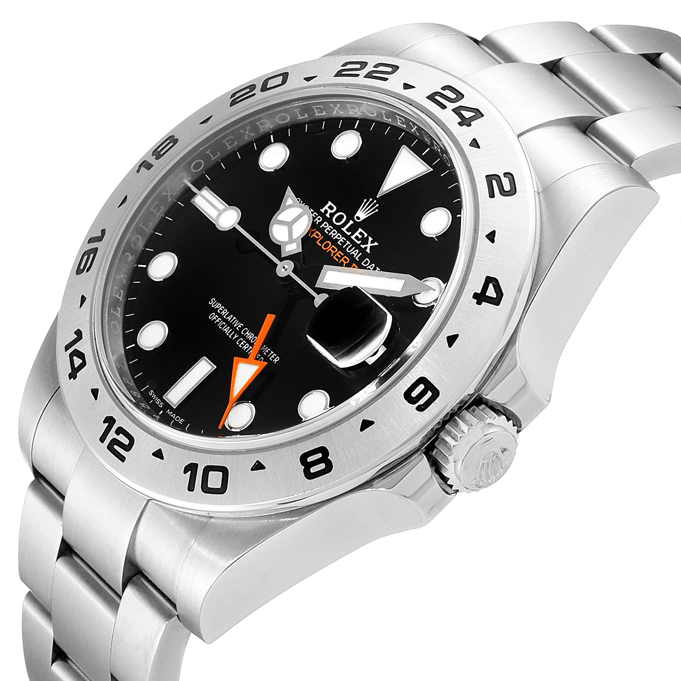 The image shows a Rolex Explorer 216570 Men
s Stainless Steel Black Dial 216570 Men
s Stainless Steel Black Dial watch from an angled side view, highlighting the dial, bezel, crown, and part of the bracelet.