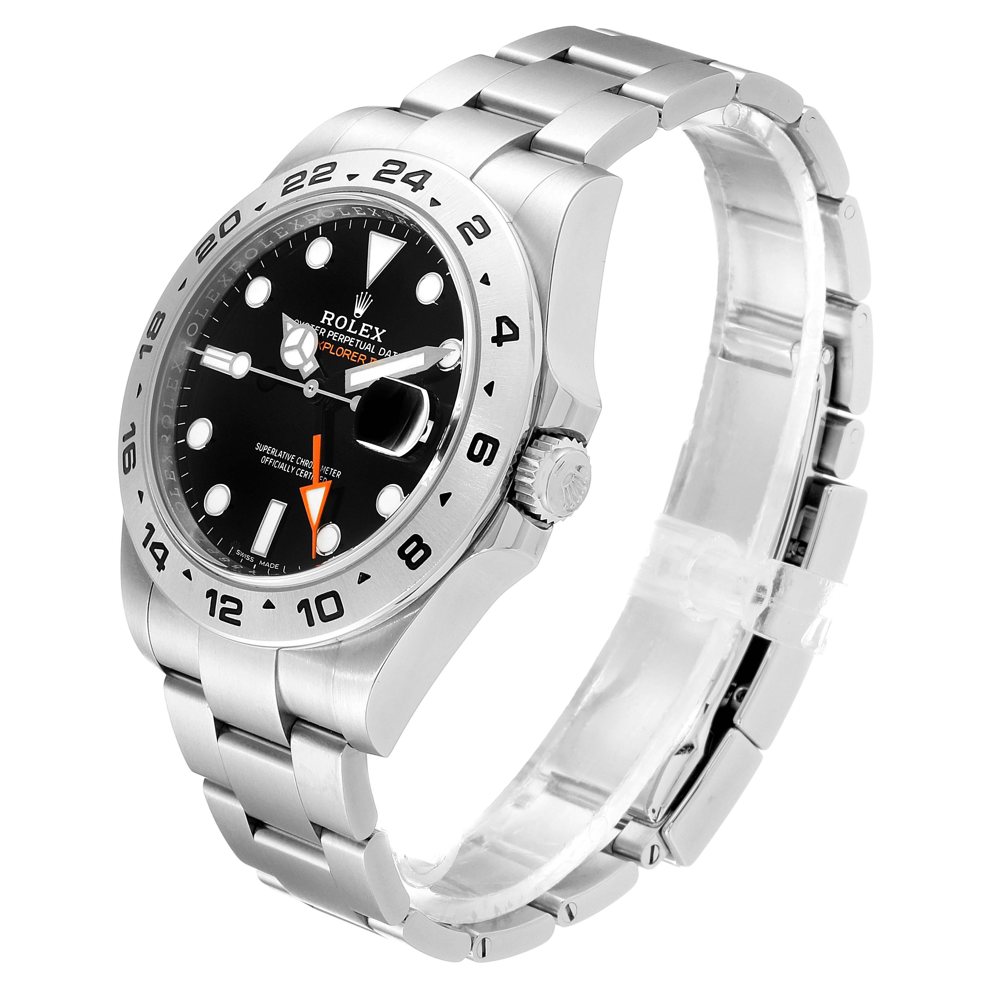 The angled view shows the face, bezel, crown, and bracelet of the Rolex Explorer 216570 Men
s Stainless Steel Black Dial 216570 Men
s Stainless Steel Black Dial watch.