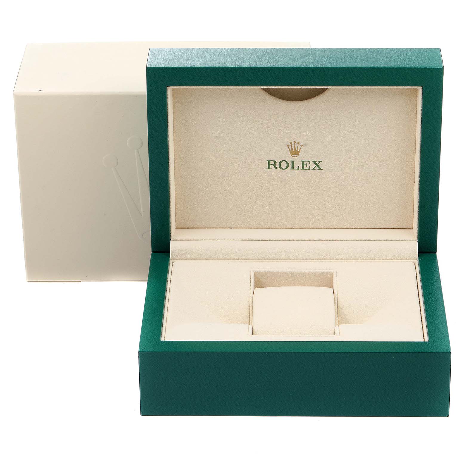 The image shows an empty green and beige Rolex watch box for the Explorer model.