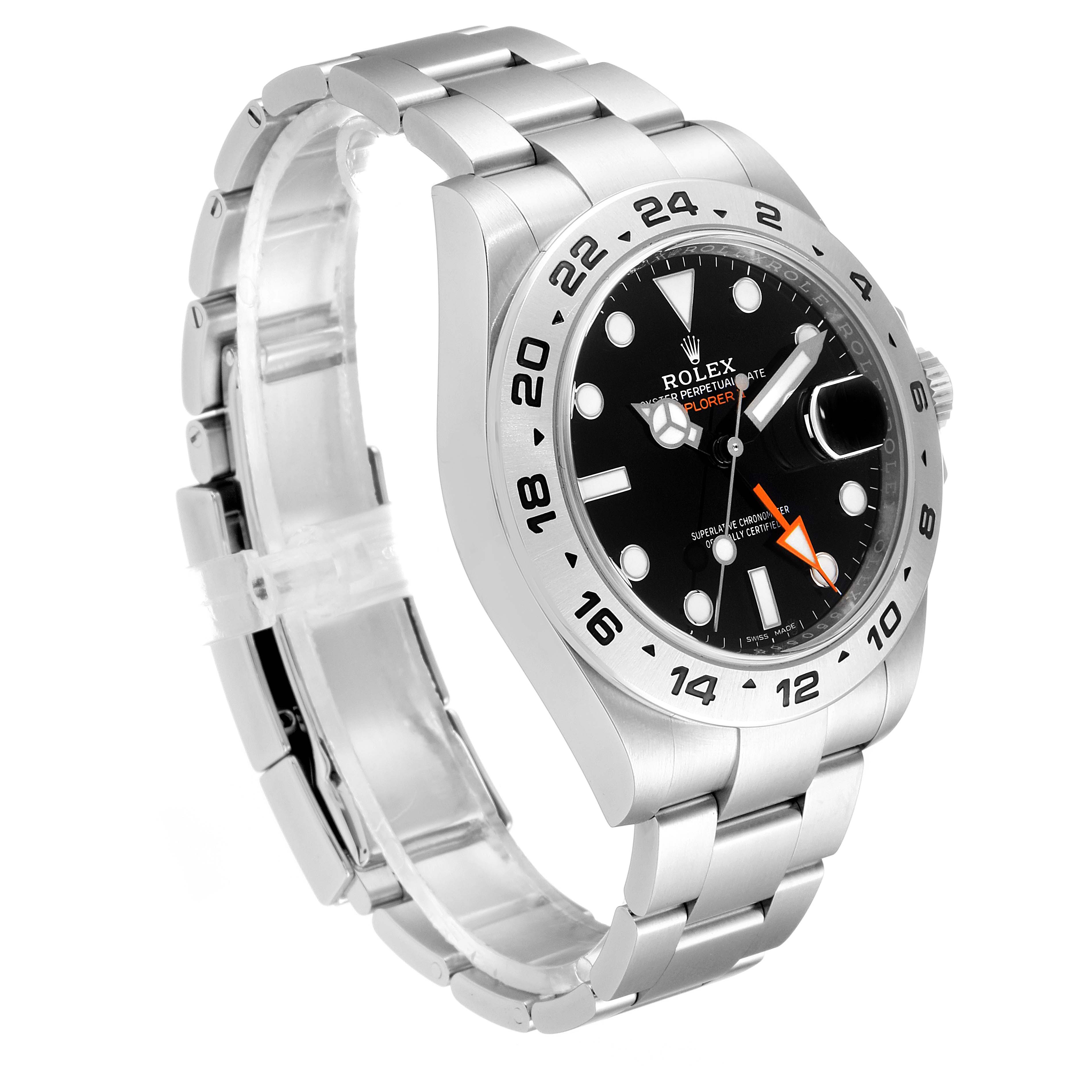 The image shows a side and front view of the Rolex Explorer 216570 Men
s Stainless Steel Black Dial 216570 Men
s Stainless Steel Black Dial watch, displaying its dial, bezel, case, and bracelet.