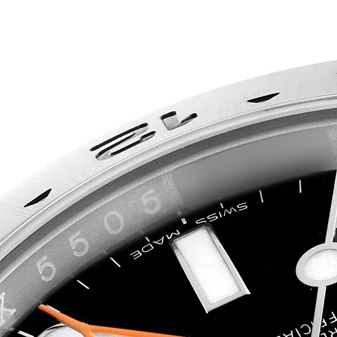 This close-up angle shows the bezel, partial dial, and minute markers of the Rolex Explorer 216570 Men
s Stainless Steel Black Dial 216570 Men
s Stainless Steel Black Dial watch.
