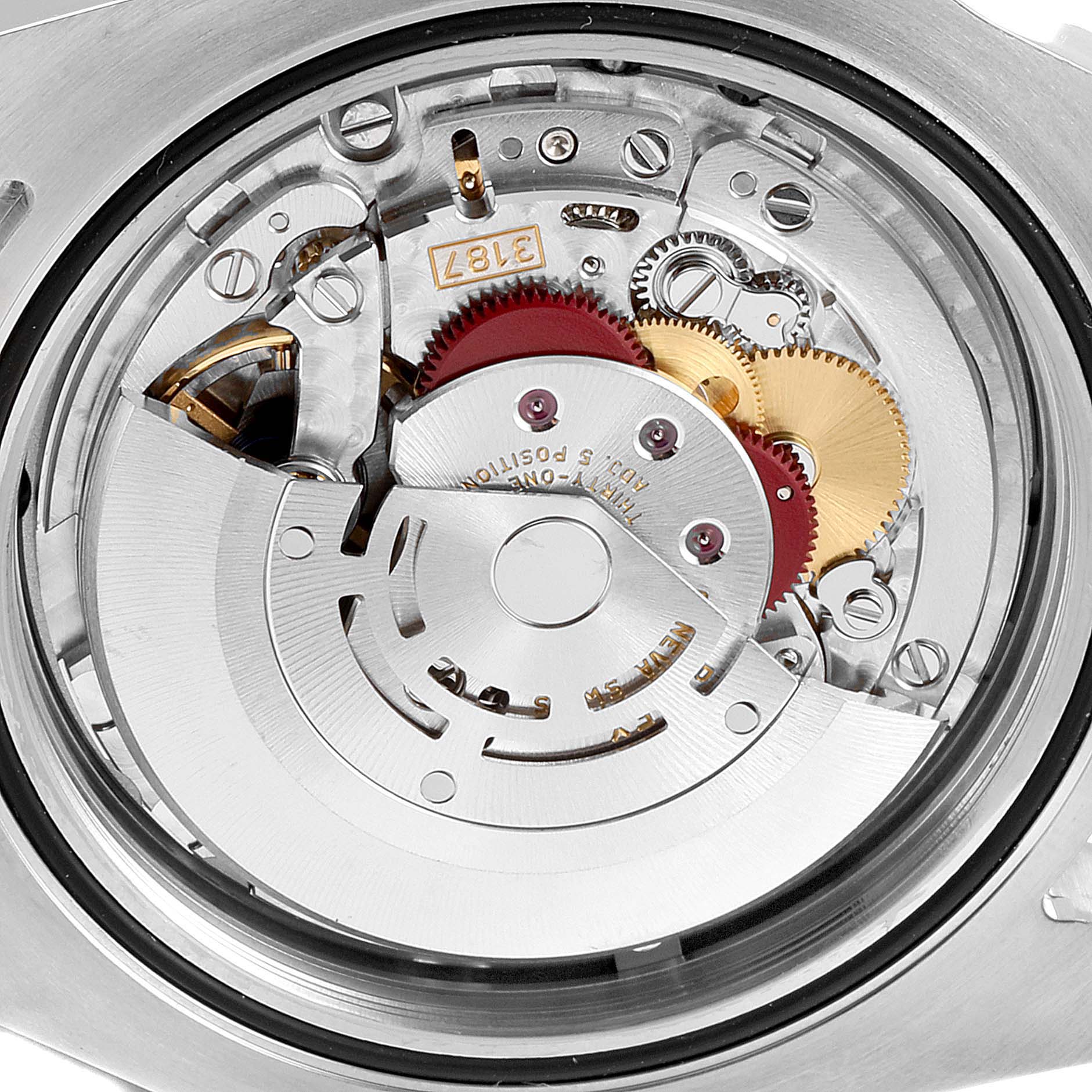 This image shows the internal mechanism of a Rolex Explorer 216570 Men
s Stainless Steel Black Dial 216570 Men
s Stainless Steel Black Dial watch, highlighting its intricate gears and components.