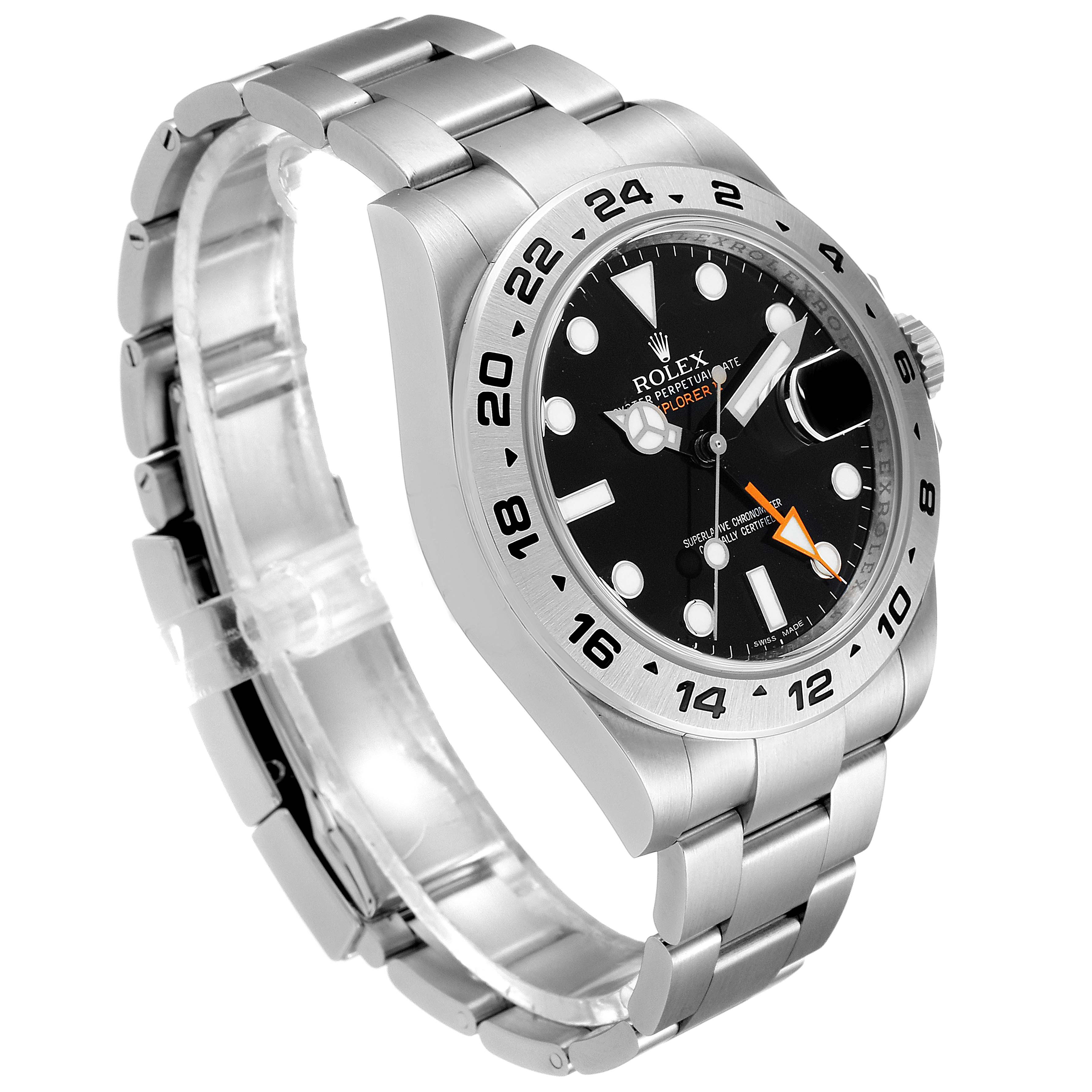The image shows an angled view of a Rolex Explorer 216570 Men
s Stainless Steel Black Dial 216570 Men
s Stainless Steel Black Dial watch, highlighting its face, bezel, and stainless steel strap.