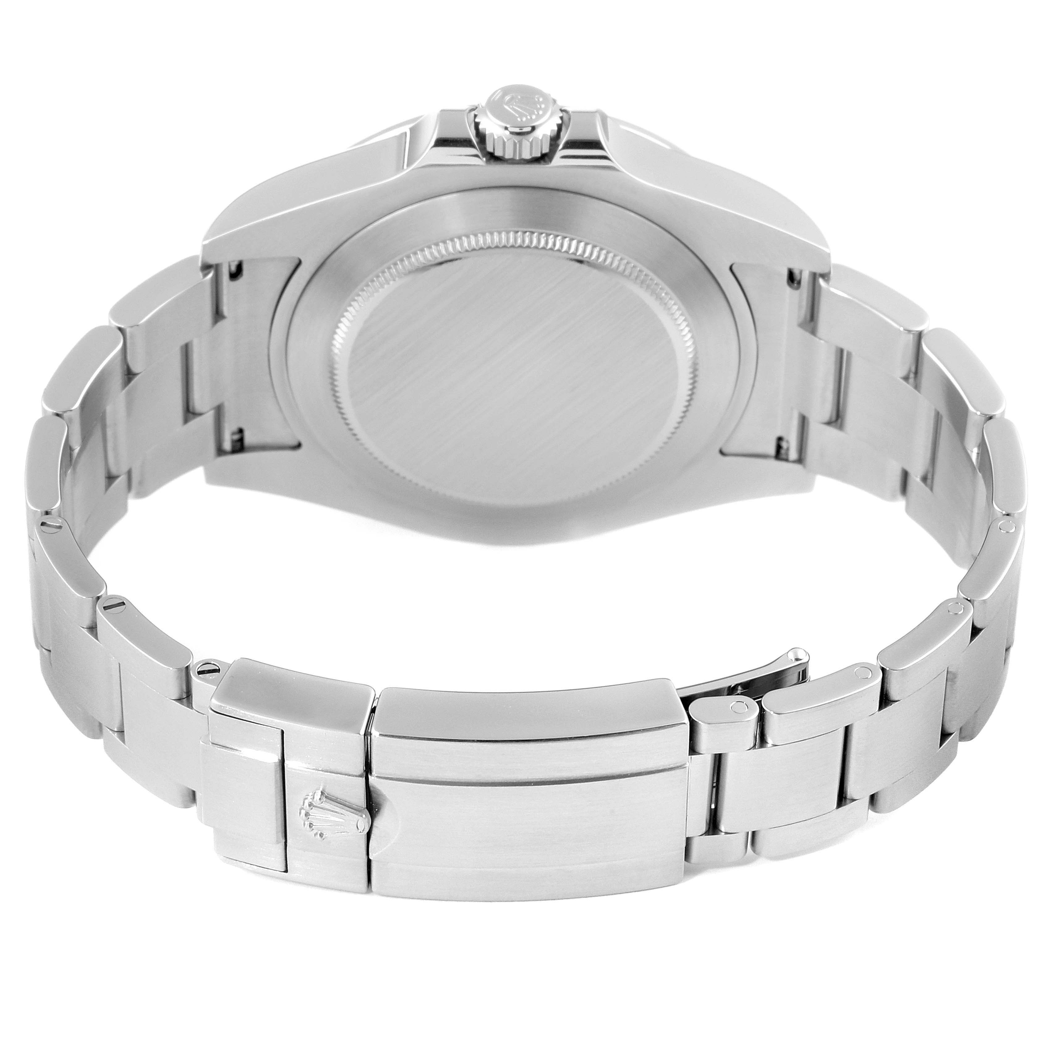 This image shows the back case and stainless steel bracelet of a Rolex Explorer 216570 Men
s Stainless Steel Black Dial 216570 Men
s Stainless Steel Black Dial watch.