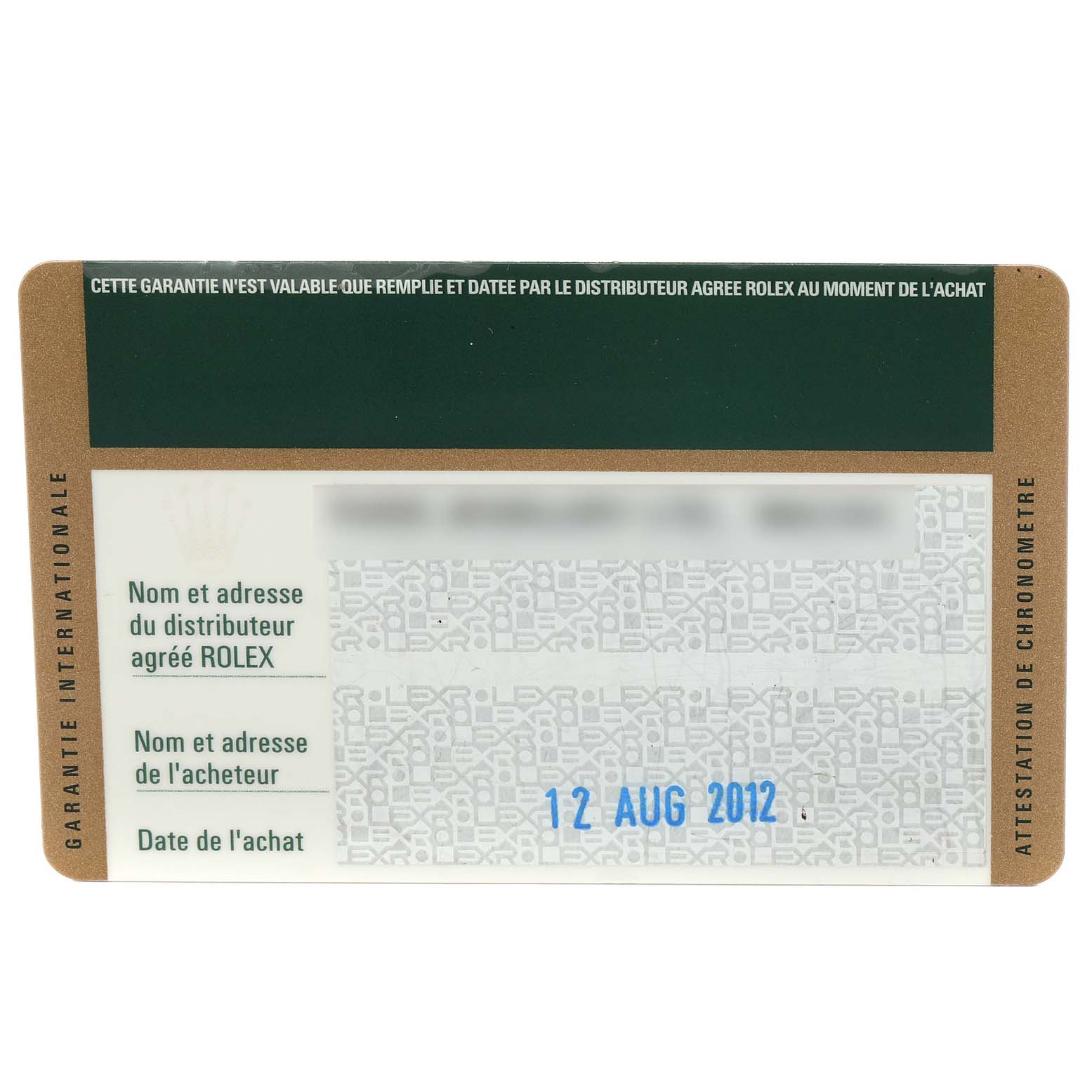 The image shows a warranty card for a Rolex Explorer 216570 Men
s Stainless Steel Black Dial 216570 Men
s Stainless Steel Black Dial, featuring details of the distributor, buyer, and date of purchase.