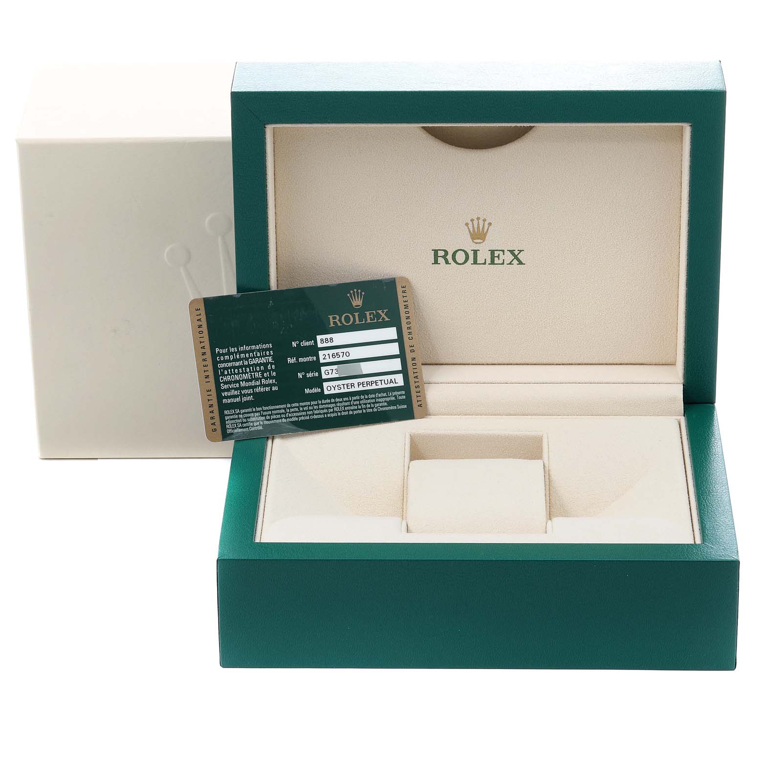 This image shows the open box and warranty card for a Rolex Explorer 216570 Men
s Stainless Steel Black Dial 216570 Men
s Stainless Steel Black Dial watch.