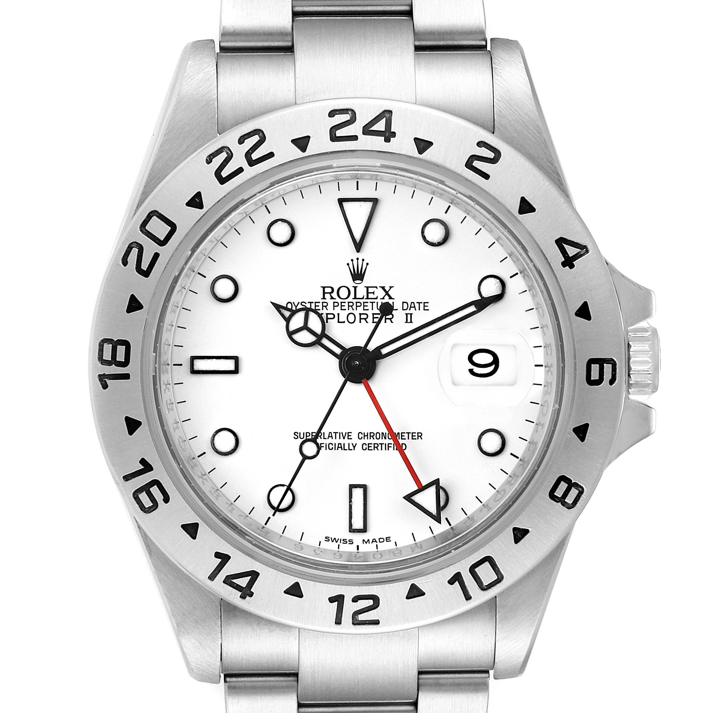 The Rolex Explorer 16570 Men
s Stainless Steel White Dial 16570 Men
s Stainless Steel White Dial watch is shown from a top view, displaying the face, bezel, crown, and part of the bracelet.