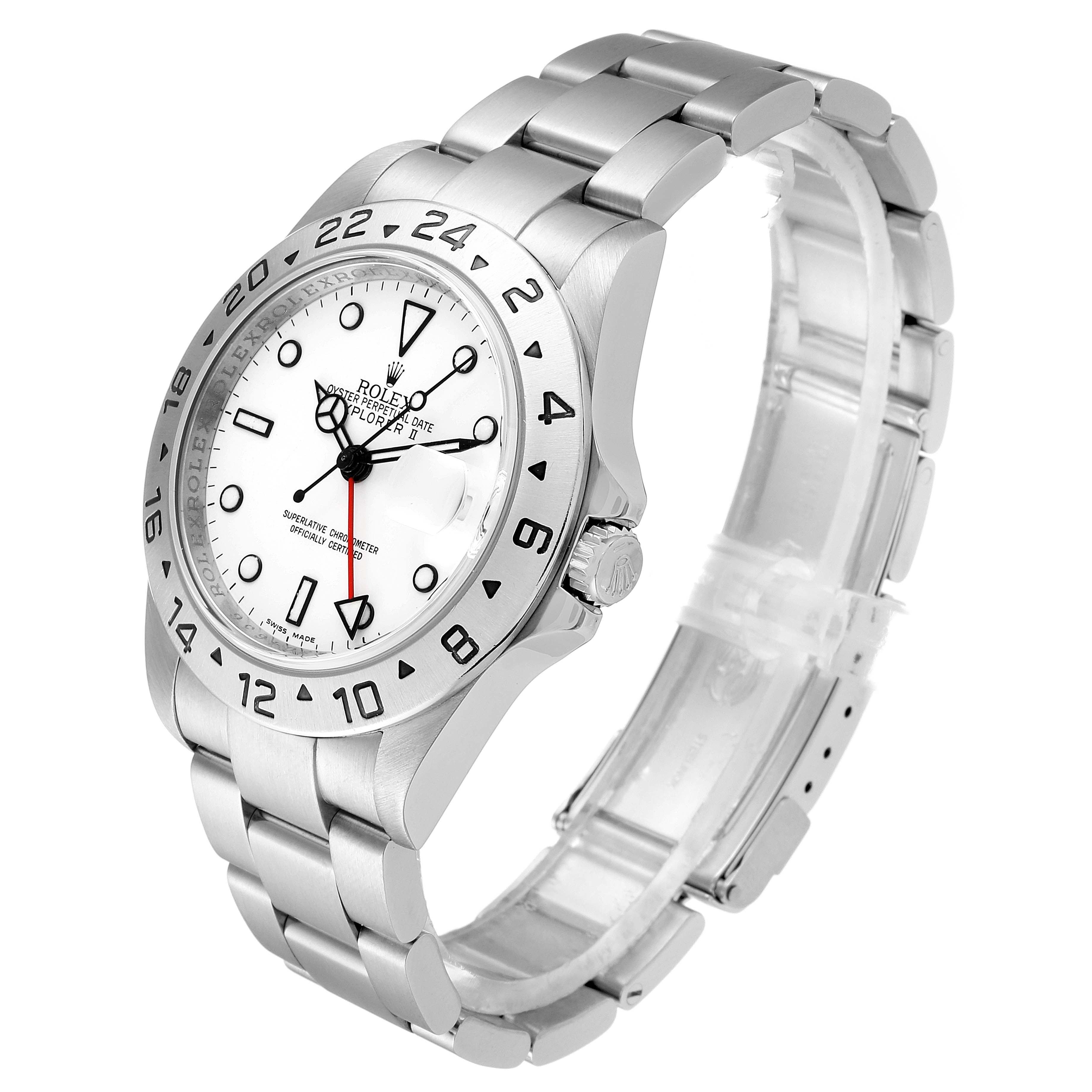 The Rolex Explorer 16570 Men
s Stainless Steel White Dial 16570 Men
s Stainless Steel White Dial model watch is shown at a three-quarter angle, capturing the face, bezel, crown, and part of the bracelet.