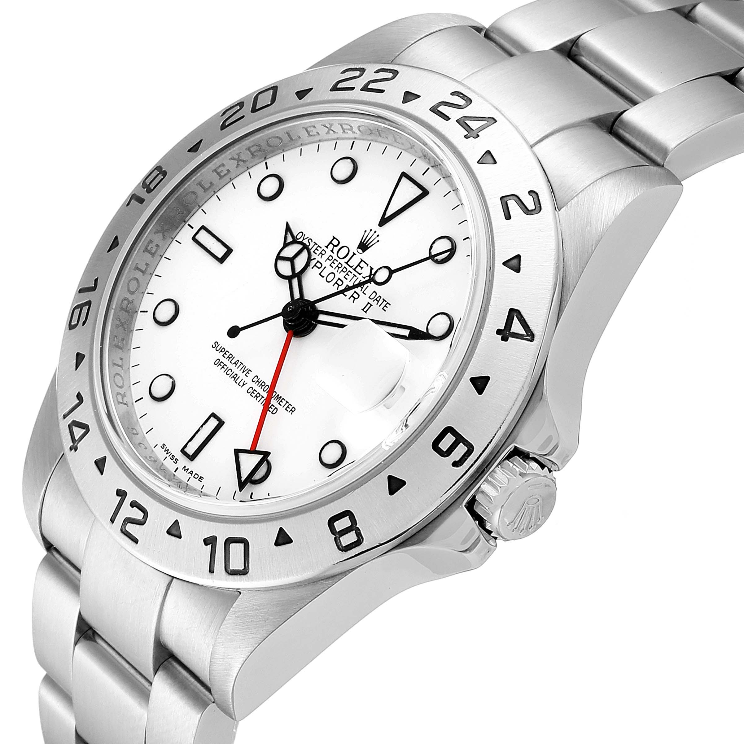 This image shows the Rolex Explorer 16570 Men
s Stainless Steel White Dial 16570 Men
s Stainless Steel White Dial watch at a three-quarter angle, highlighting its dial, bezel, and part of the bracelet.