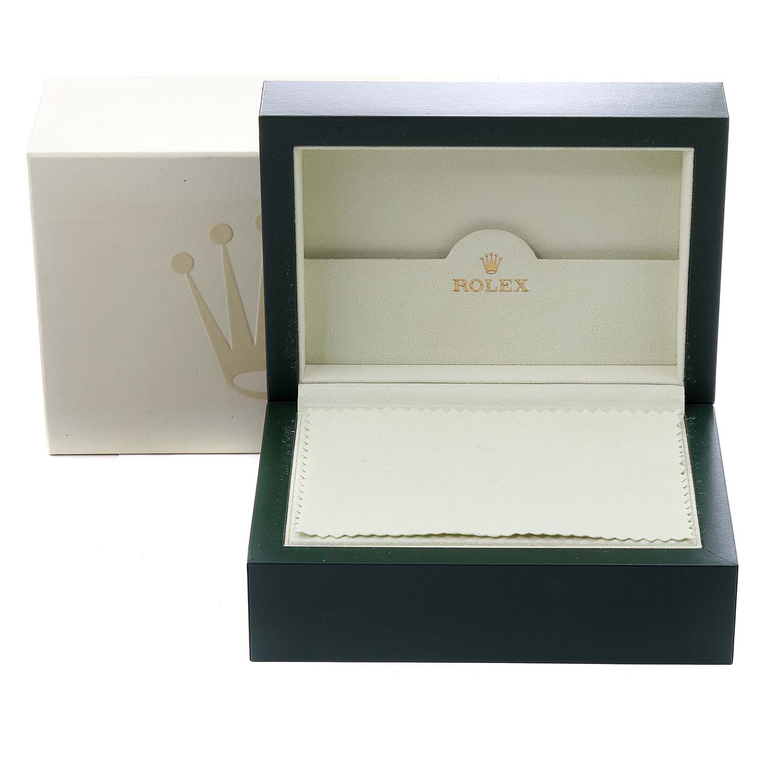This image shows an open Rolex watch box for the Explorer model, including the inner cushion and outer packaging.