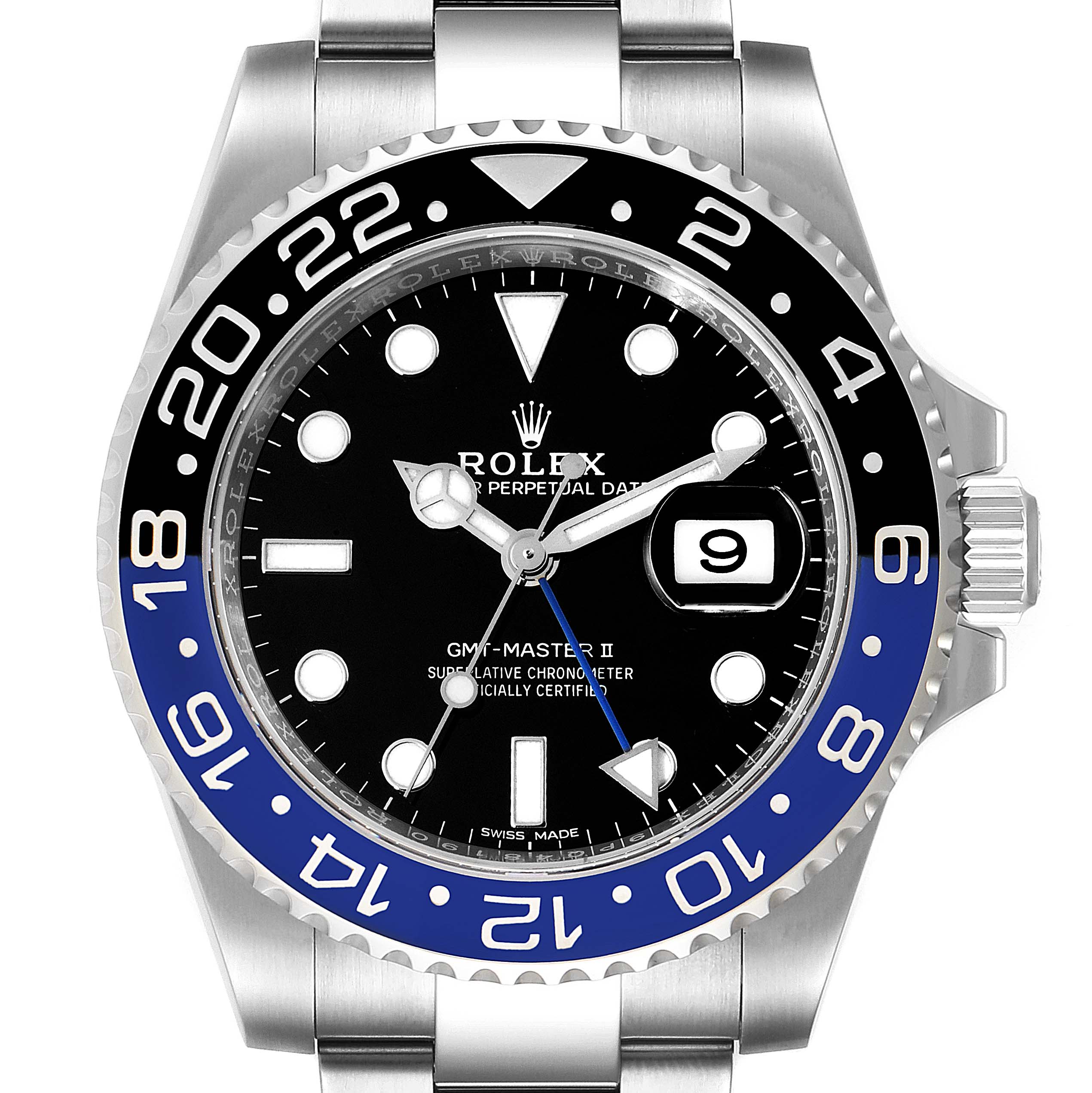 The image shows a front view of a Rolex GMT-Master 116710 Men
s Stainless Steel Black Dial 116710 Men
s Stainless Steel Black Dial II watch, highlighting the bezel, dial, and bracelet.