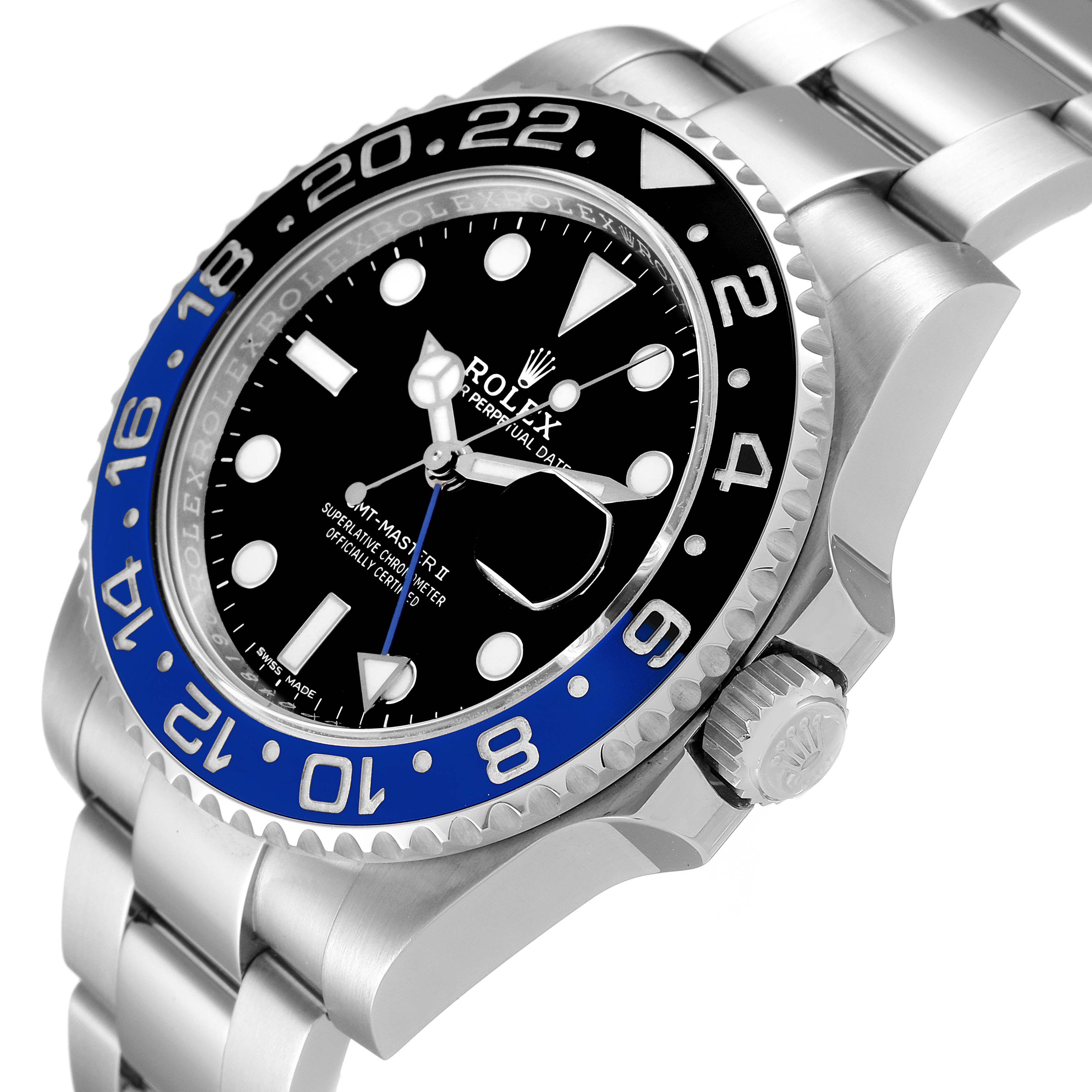 This image shows a close-up angled view of the Rolex GMT-Master 116710 Men
s Stainless Steel Black Dial 116710 Men
s Stainless Steel Black Dial II watch, highlighting its bezel, dial, and part of the bracelet.