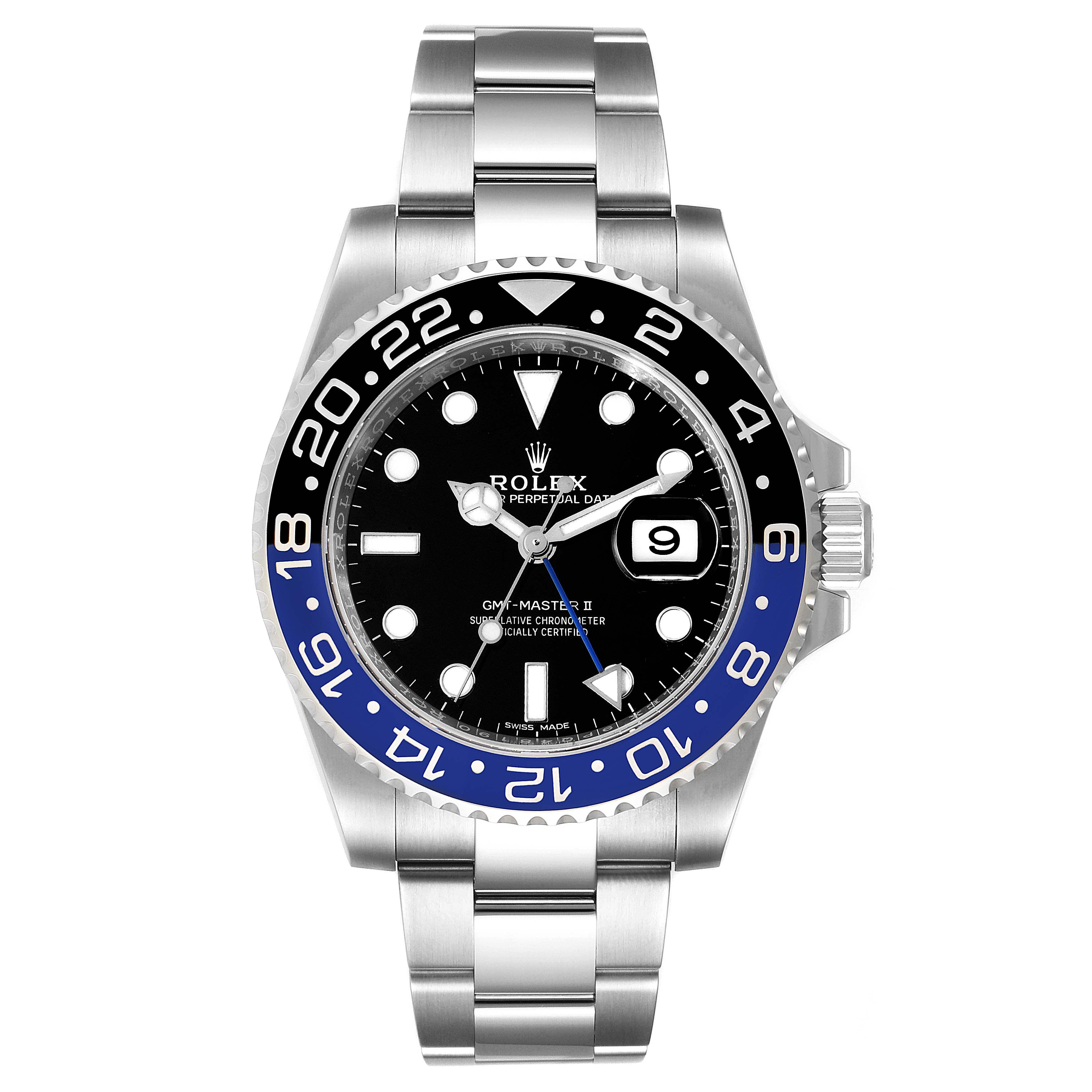 The Rolex GMT-Master 116710 Men
s Stainless Steel Black Dial 116710 Men
s Stainless Steel Black Dial II watch is shown from a front view, displaying its bezel, dial, bracelet, and date window.